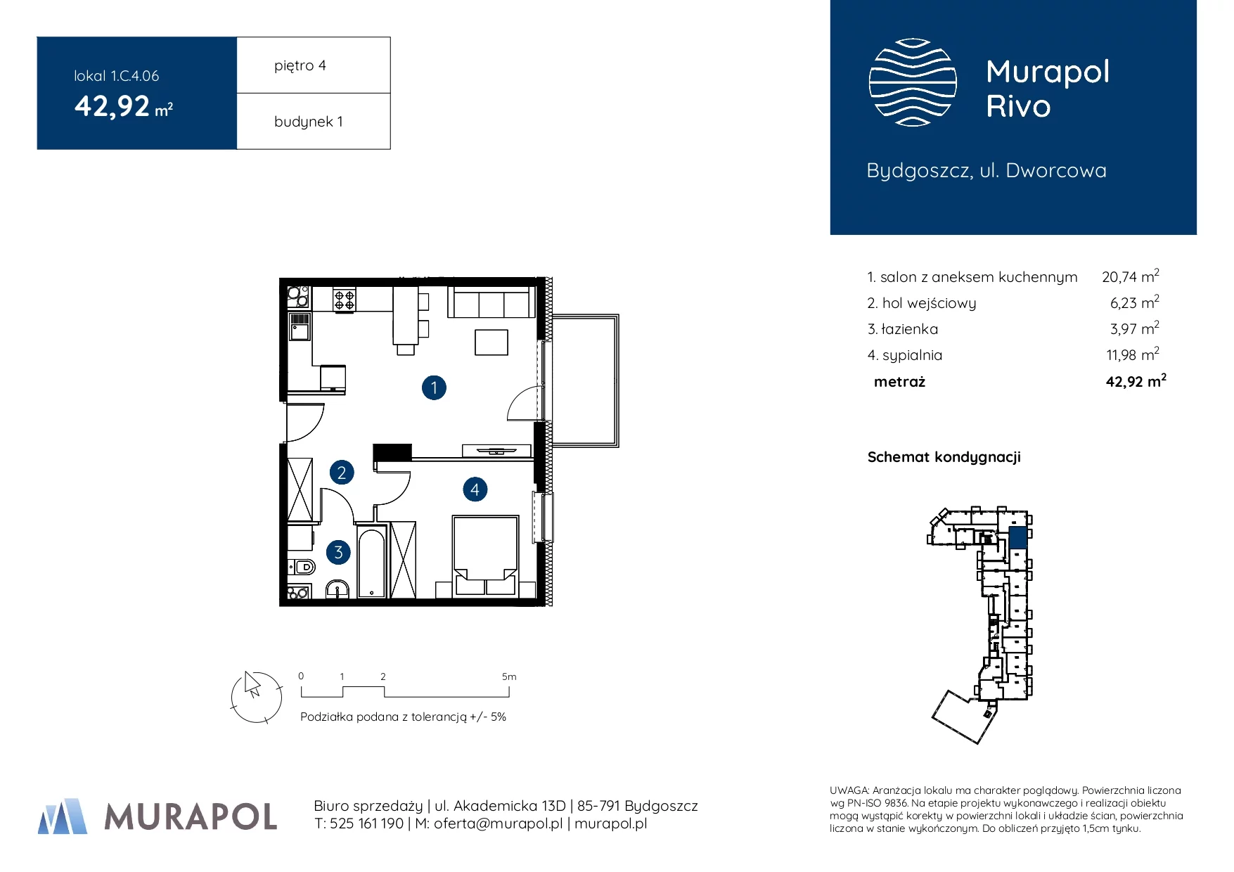 2 pokoje, mieszkanie 42,92 m², piętro 4, oferta nr 1.C.4.06, Murapol Rivo, Bydgoszcz, Śródmieście, ul. Dworcowa