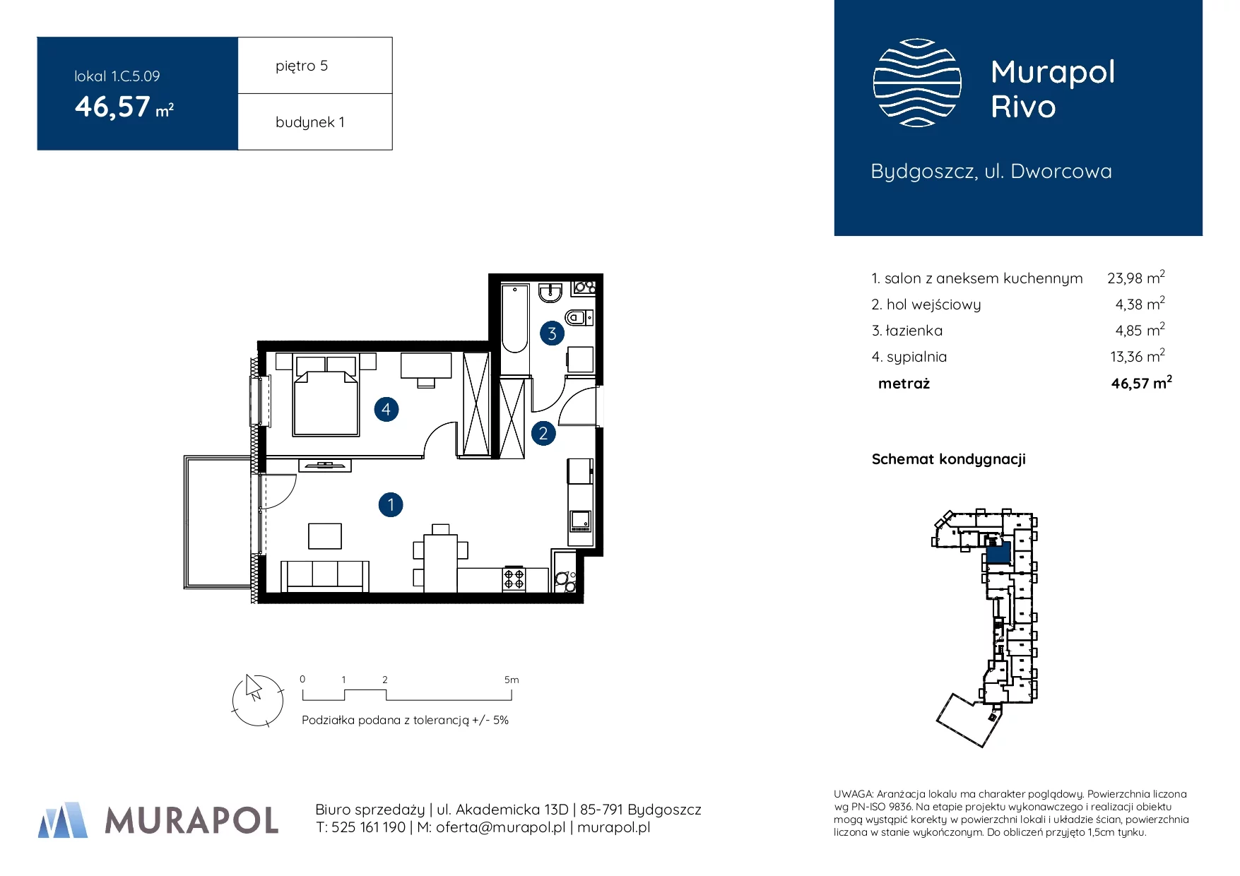 2 pokoje, mieszkanie 46,57 m², piętro 5, oferta nr 1.C.5.09, Murapol Rivo, Bydgoszcz, Śródmieście, ul. Dworcowa