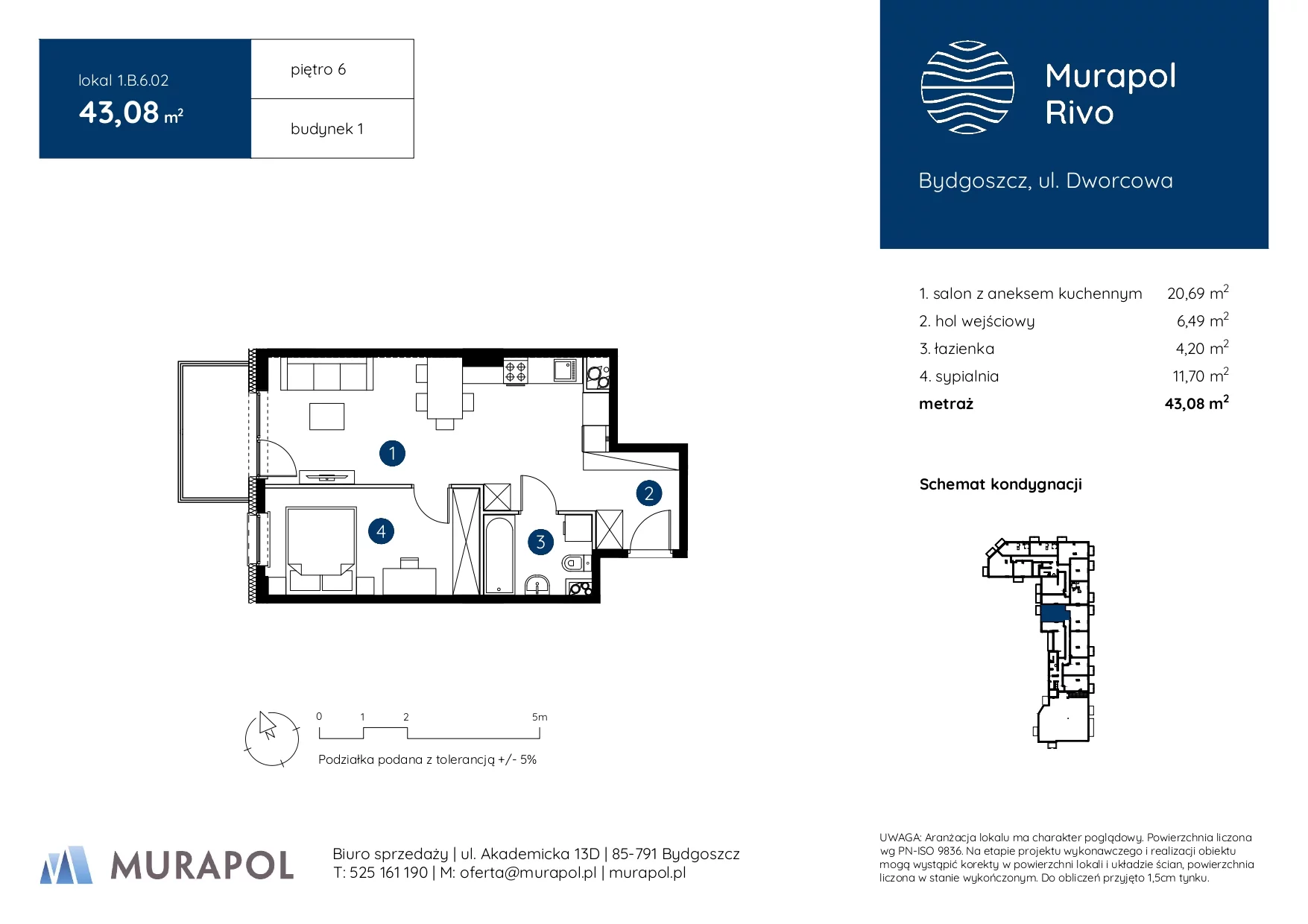 2 pokoje, mieszkanie 43,08 m², piętro 6, oferta nr 1.B.6.02, Murapol Rivo, Bydgoszcz, Śródmieście, ul. Dworcowa