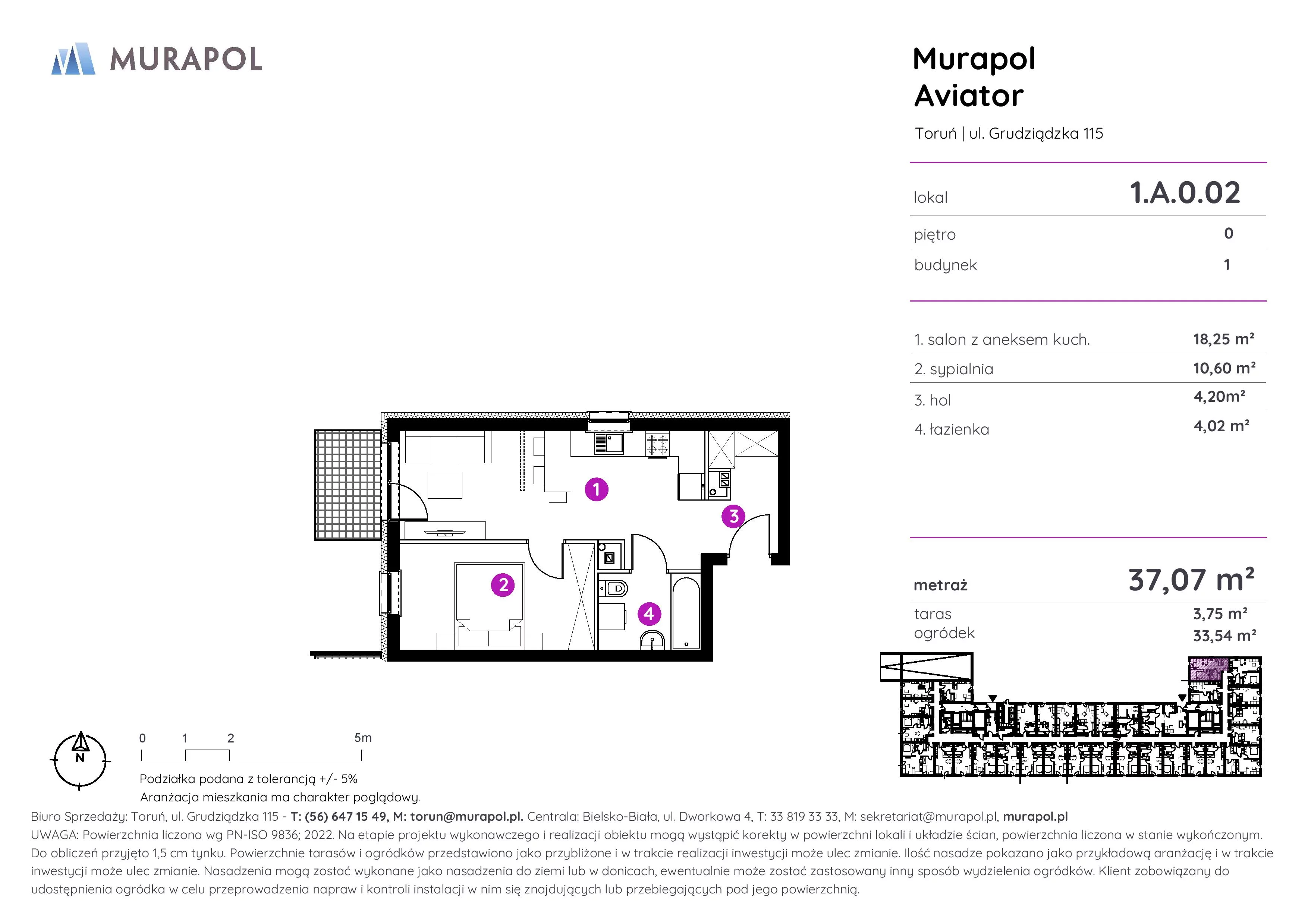 Apartament inwestycyjny 37,07 m², parter, oferta nr 1.A.0.02, Murapol Aviator, Toruń, Koniuchy, ul. Grudziądzka