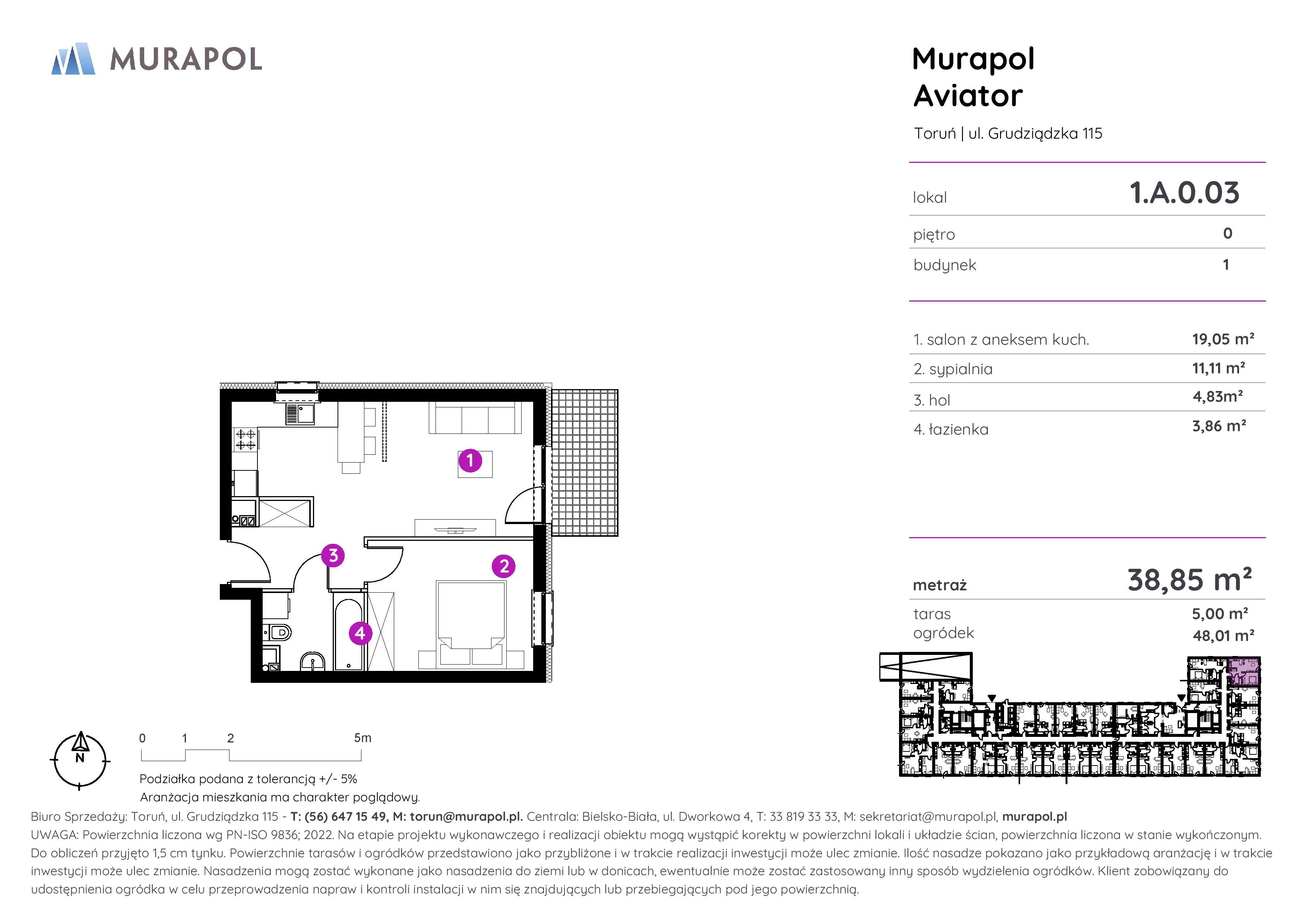 Apartament inwestycyjny 38,85 m², parter, oferta nr 1.A.0.03, Murapol Aviator, Toruń, Koniuchy, ul. Grudziądzka