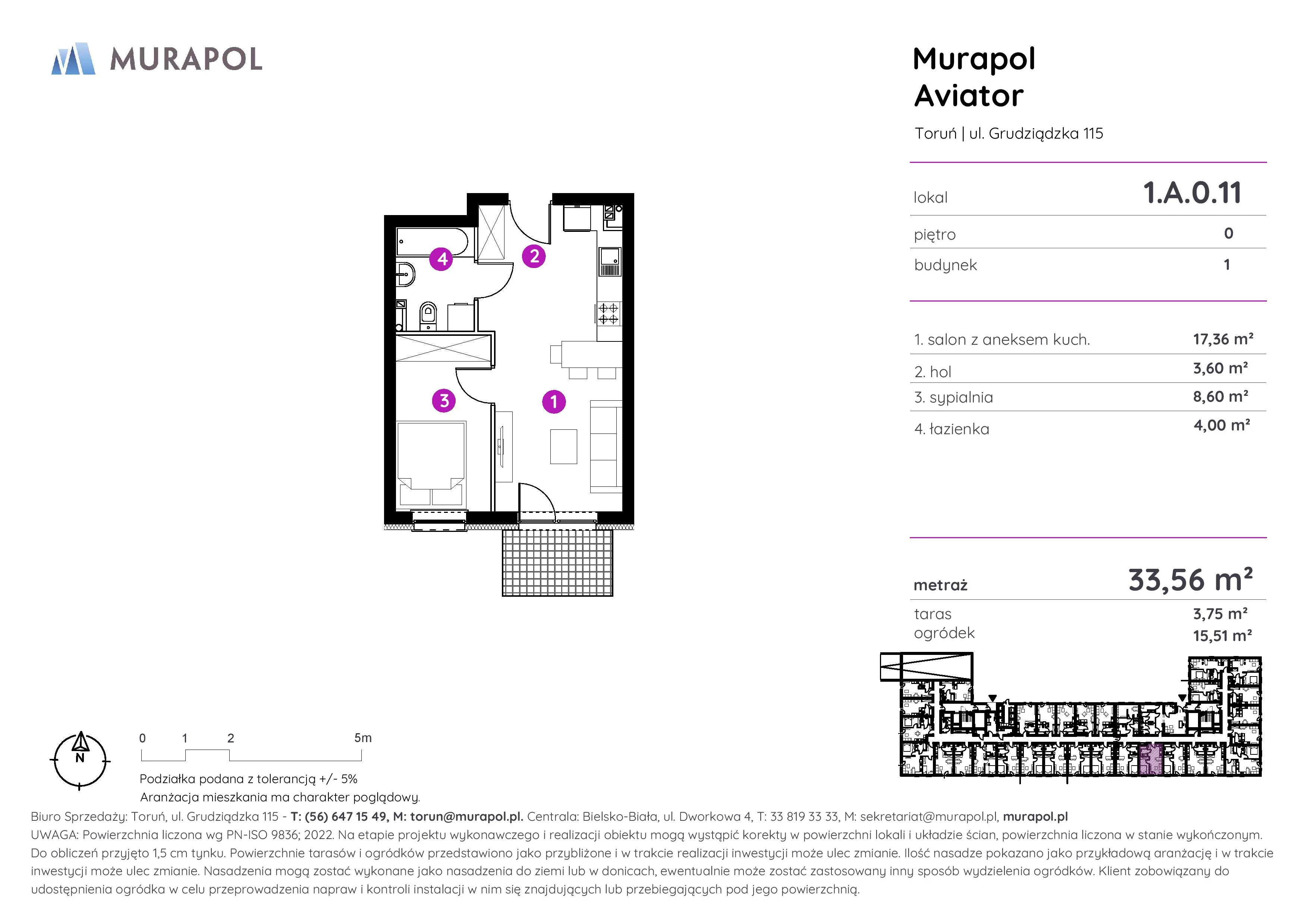 Apartament inwestycyjny 33,56 m², parter, oferta nr 1.A.0.11, Murapol Aviator, Toruń, Koniuchy, ul. Grudziądzka