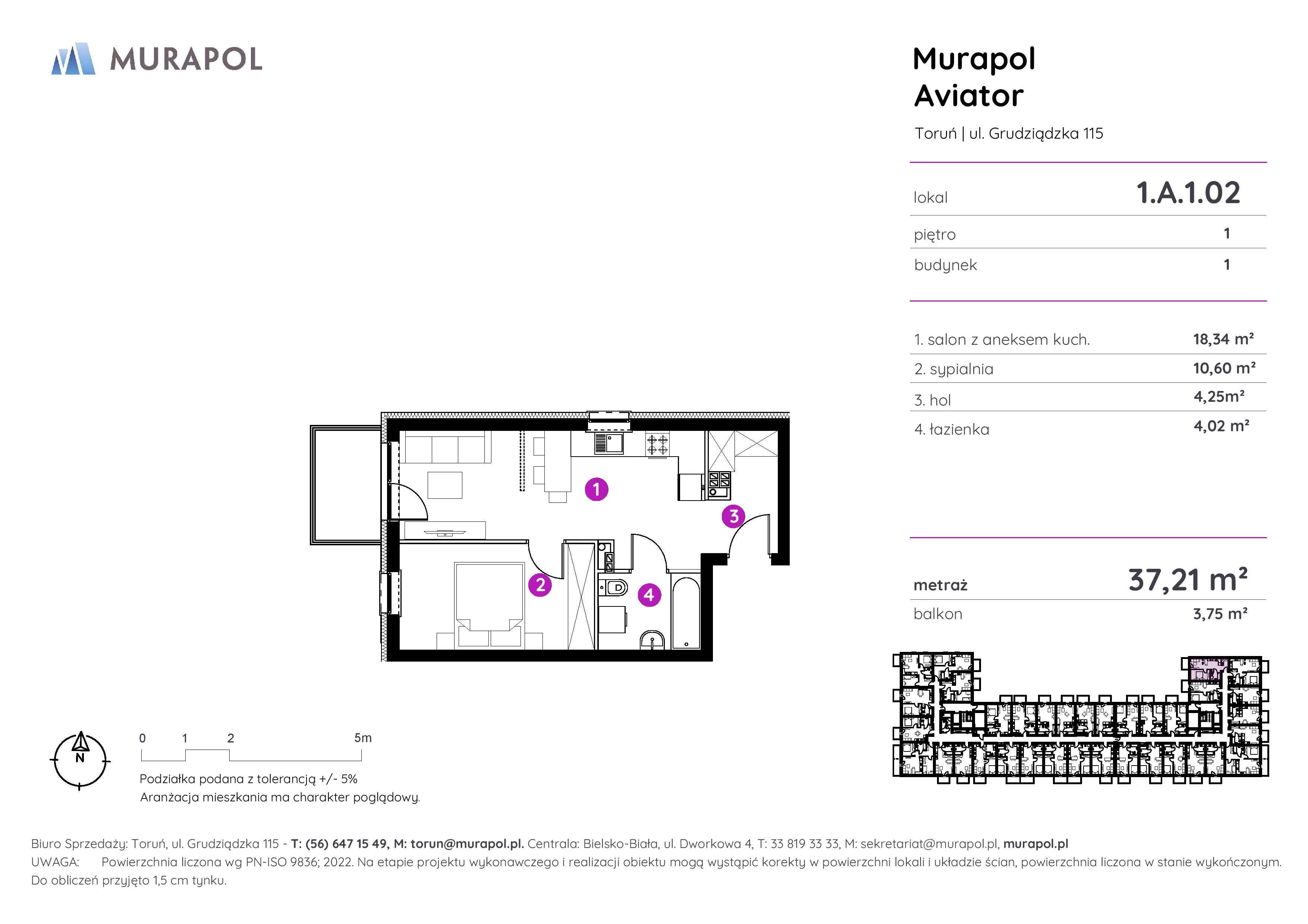 Apartament inwestycyjny 37,21 m², piętro 1, oferta nr 1.A.1.02, Murapol Aviator, Toruń, Koniuchy, ul. Grudziądzka