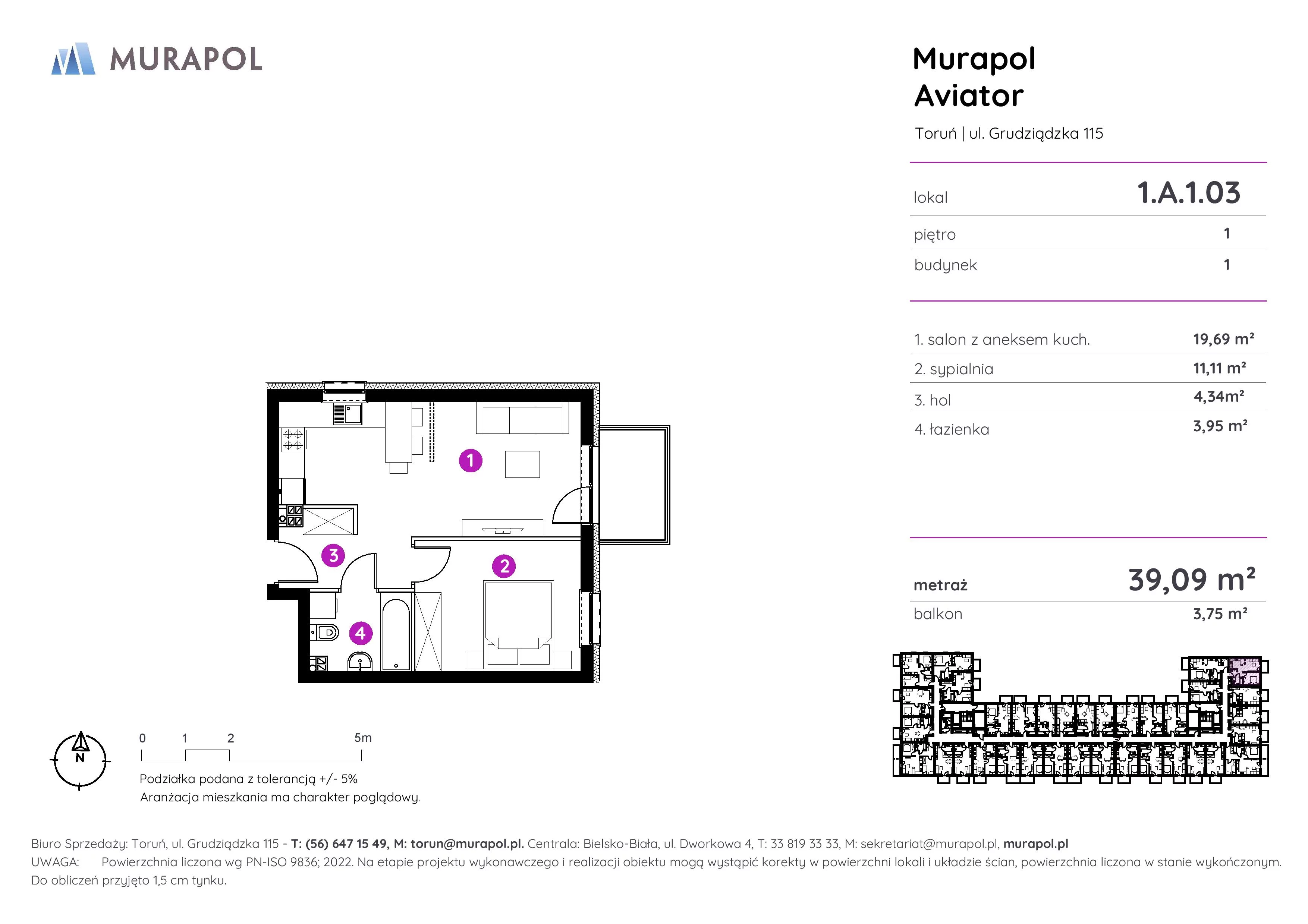 Apartament inwestycyjny 39,09 m², piętro 1, oferta nr 1.A.1.03, Murapol Aviator, Toruń, Koniuchy, ul. Grudziądzka