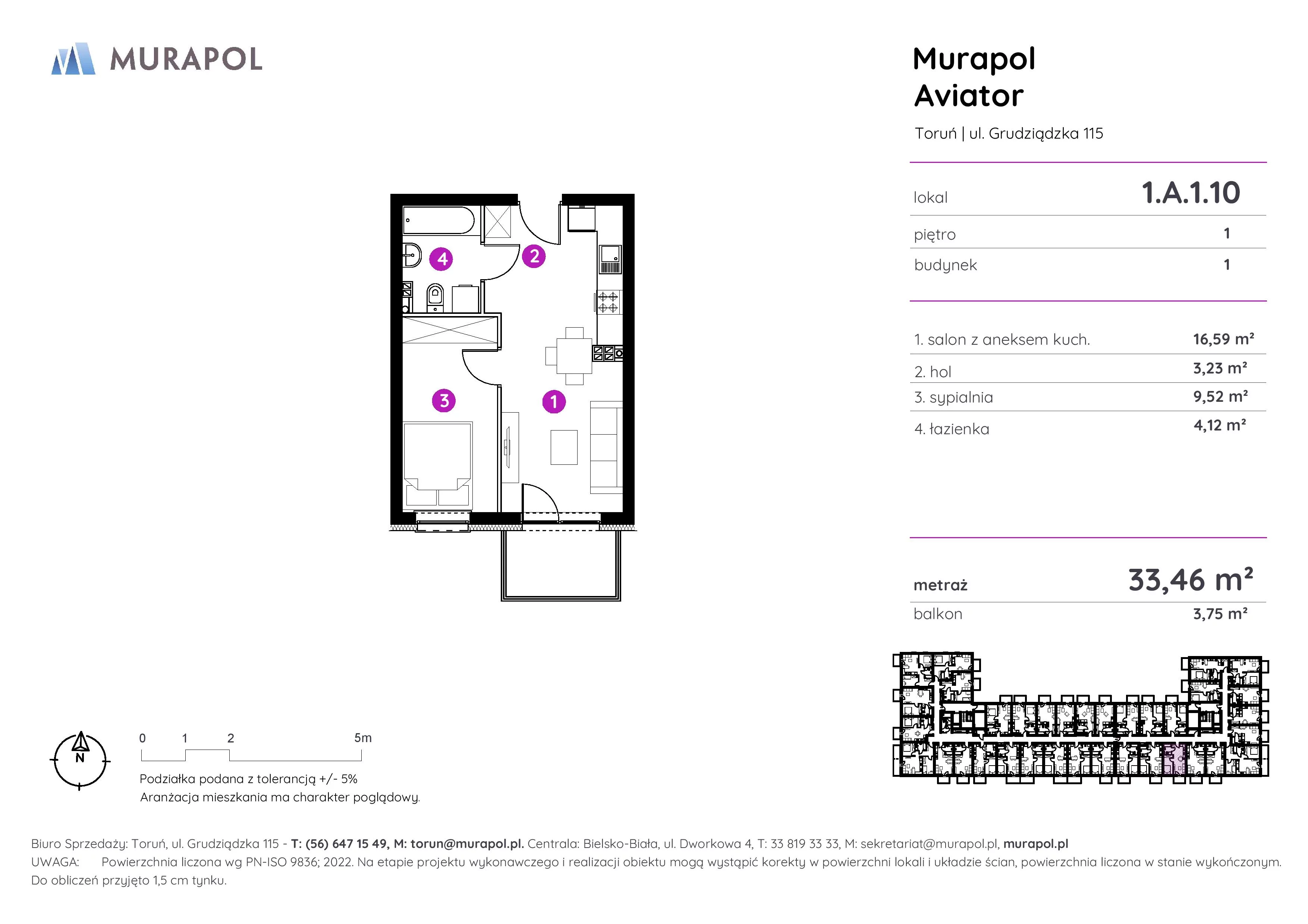 Apartament inwestycyjny 33,46 m², piętro 1, oferta nr 1.A.1.10, Murapol Aviator, Toruń, Koniuchy, ul. Grudziądzka