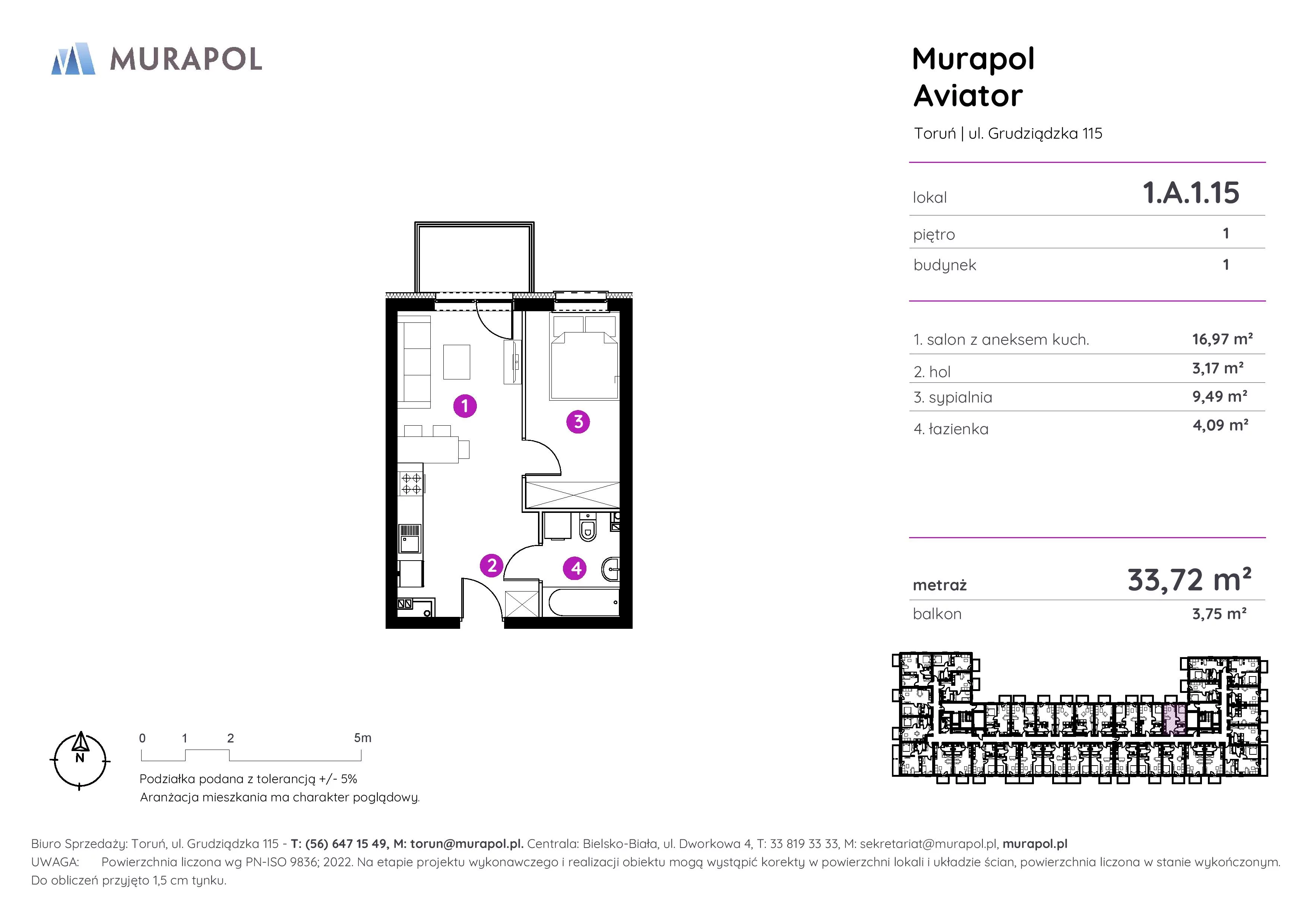 2 pokoje, apartament inwestycyjny 33,72 m², piętro 1, oferta nr 1.A.1.15, Murapol Aviator, Toruń, Koniuchy, ul. Grudziądzka