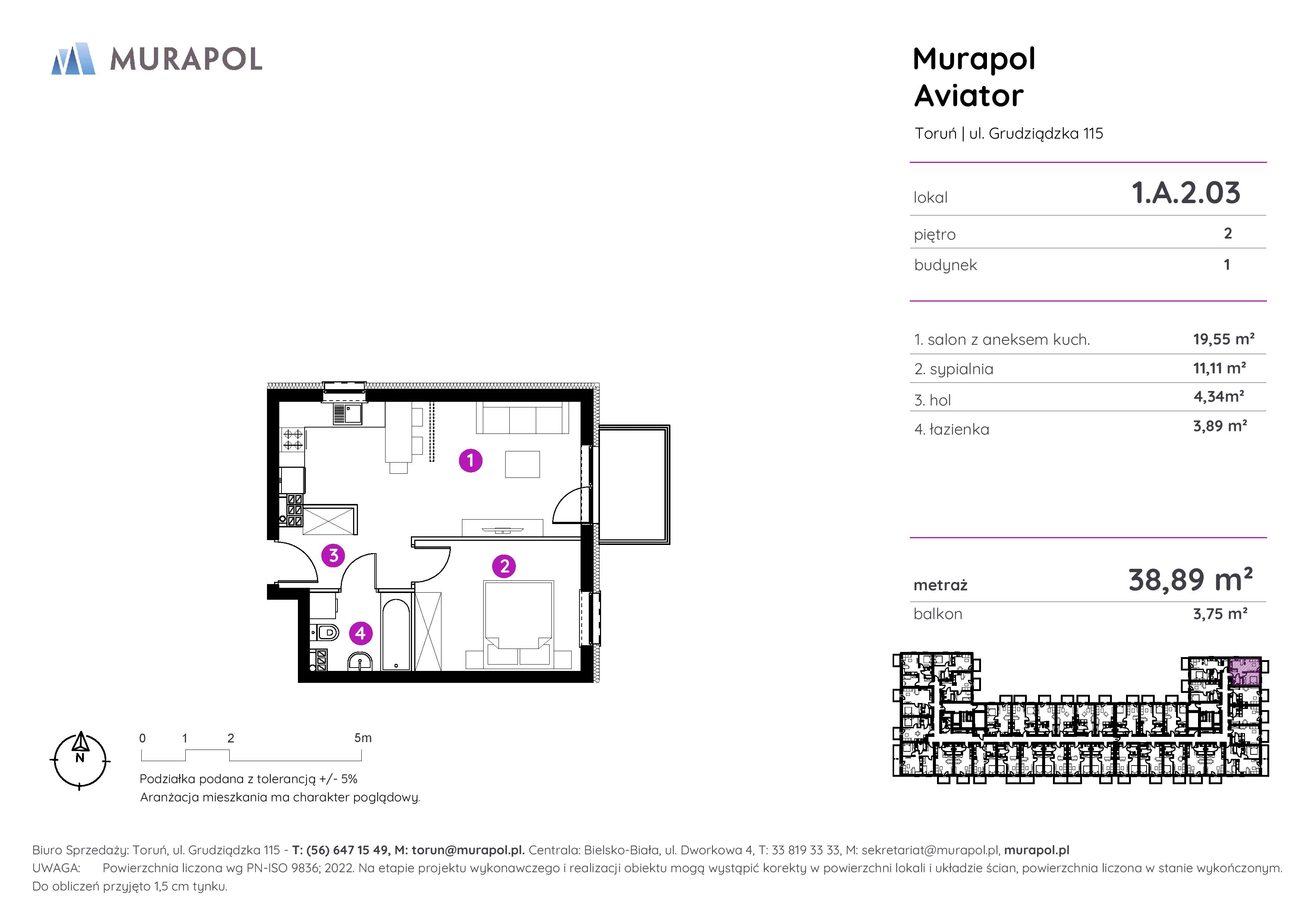 Apartament inwestycyjny 38,89 m², piętro 2, oferta nr 1.A.2.03, Murapol Aviator, Toruń, Koniuchy, ul. Grudziądzka