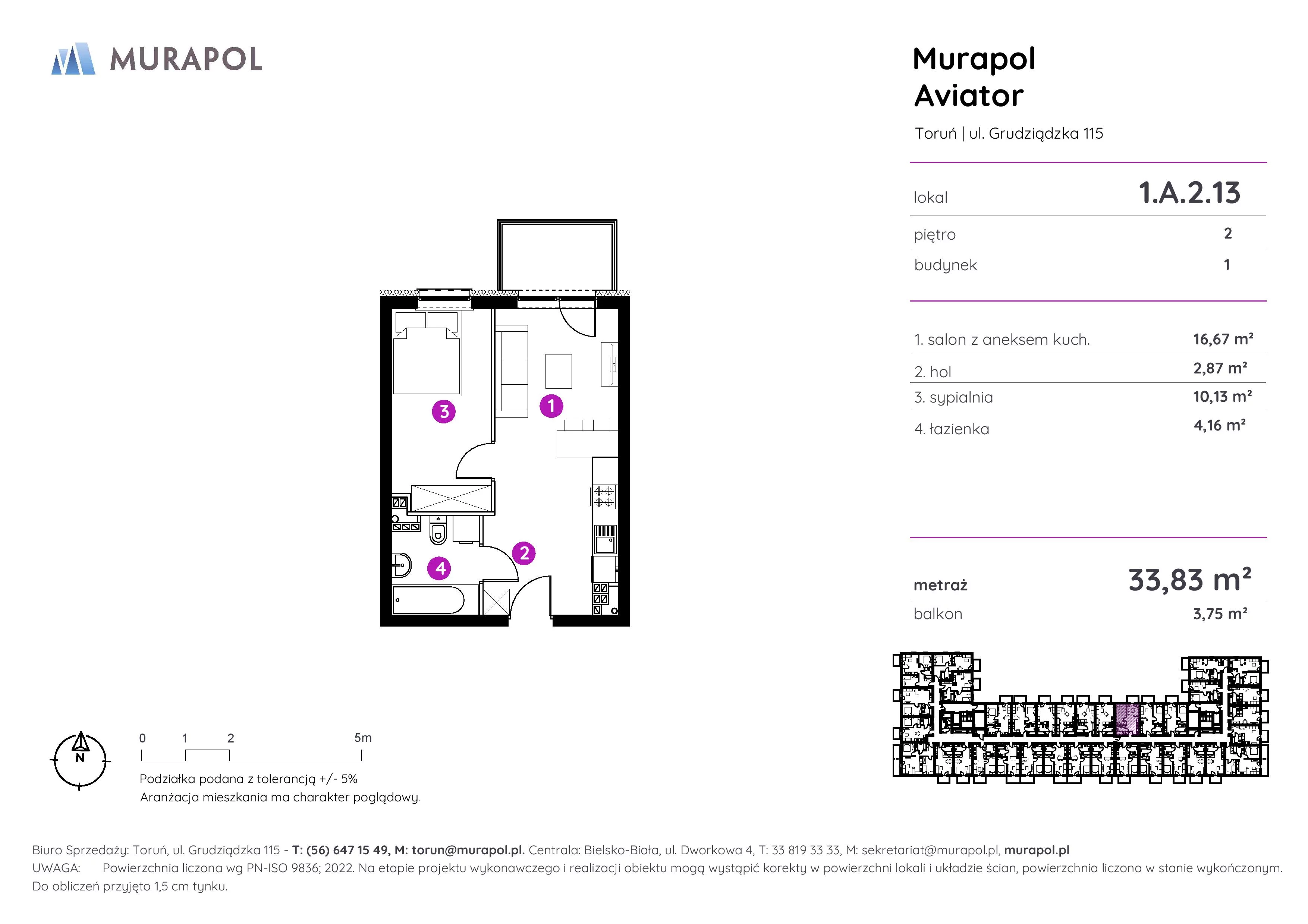 Apartament inwestycyjny 33,83 m², piętro 2, oferta nr 1.A.2.13, Murapol Aviator, Toruń, Koniuchy, ul. Grudziądzka