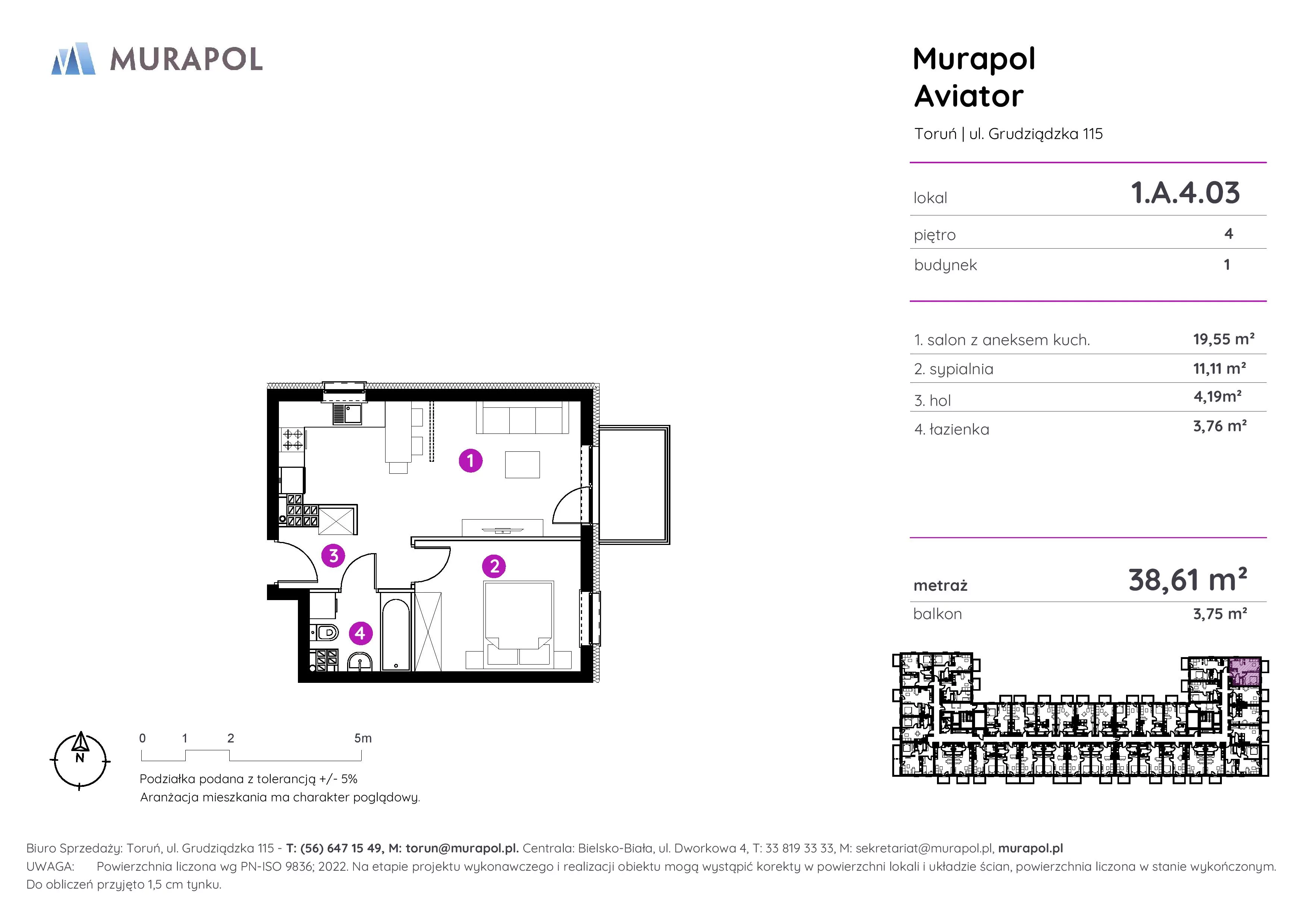 2 pokoje, apartament inwestycyjny 38,61 m², piętro 4, oferta nr 1.A.4.03, Murapol Aviator, Toruń, Koniuchy, ul. Grudziądzka