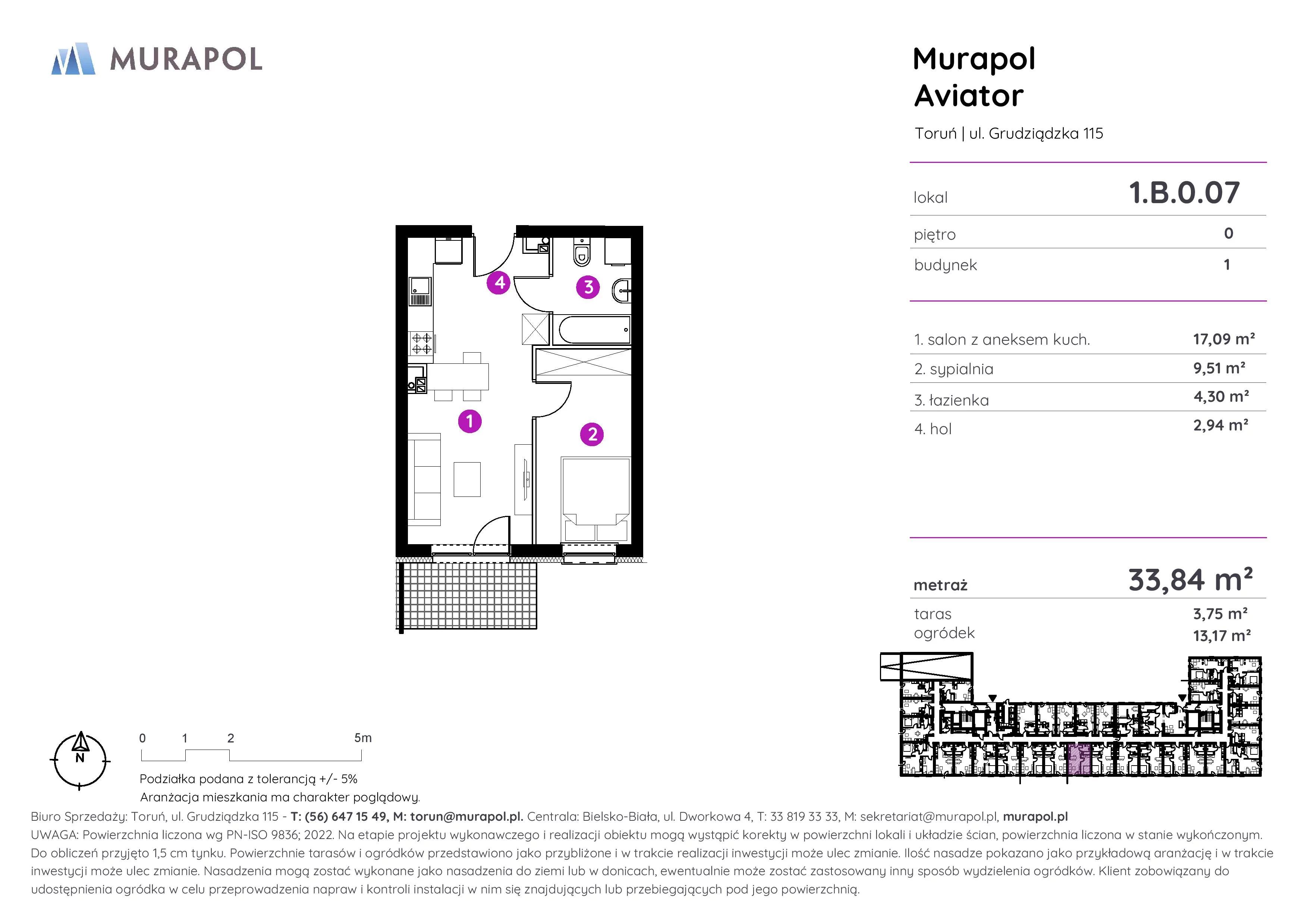 Apartament inwestycyjny 33,84 m², parter, oferta nr 1.B.0.07, Murapol Aviator, Toruń, Koniuchy, ul. Grudziądzka