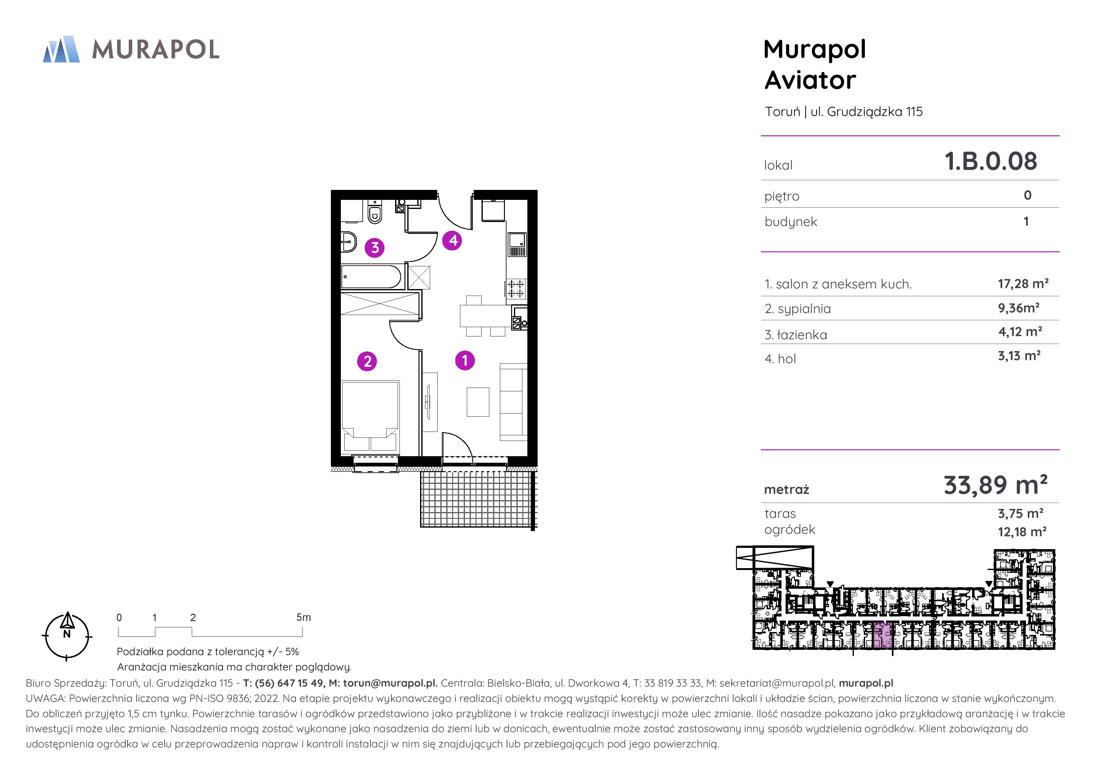 Apartament inwestycyjny 33,89 m², parter, oferta nr 1.B.0.08, Murapol Aviator, Toruń, Koniuchy, ul. Grudziądzka