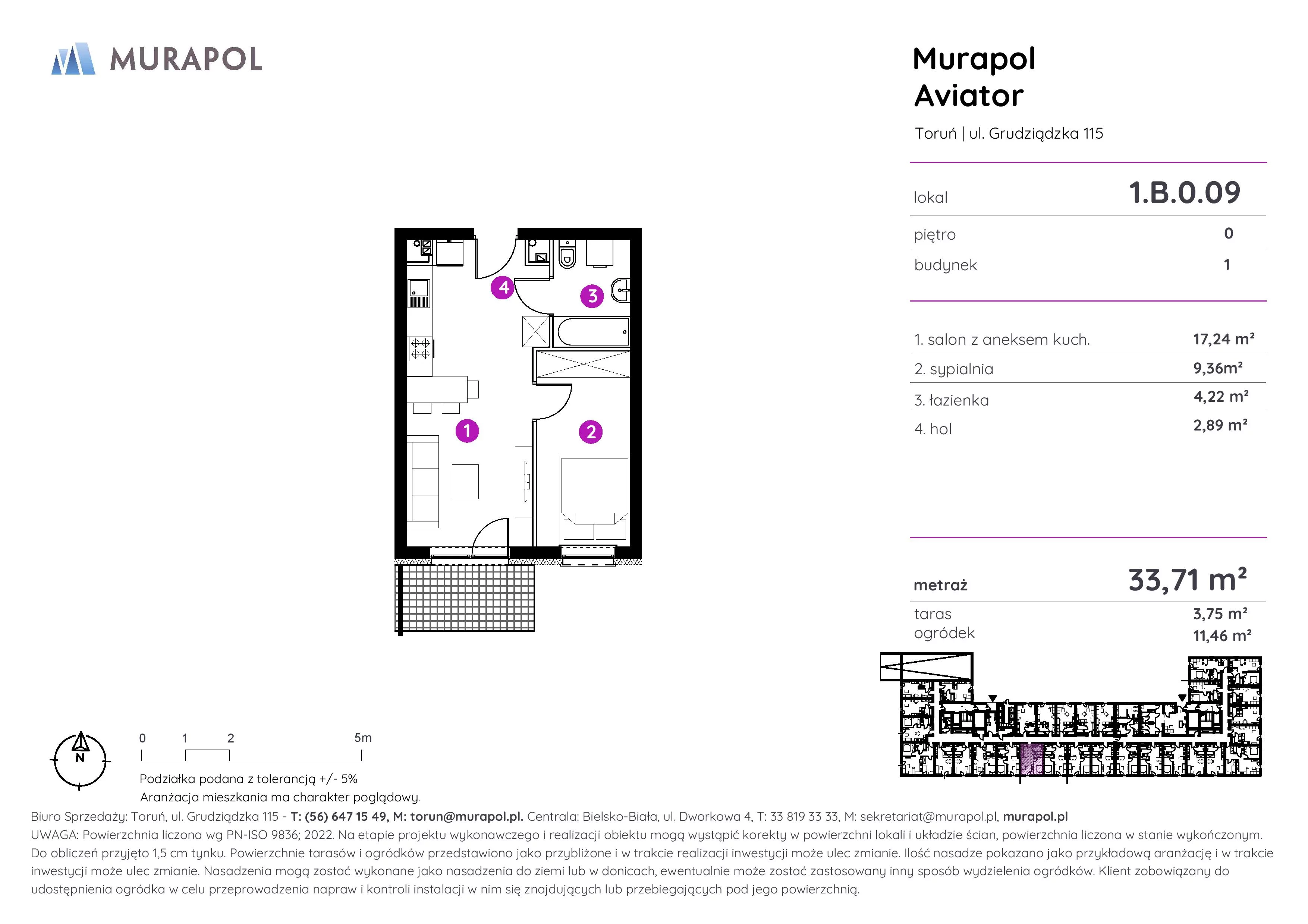 Apartament inwestycyjny 33,71 m², parter, oferta nr 1.B.0.09, Murapol Aviator, Toruń, Koniuchy, ul. Grudziądzka