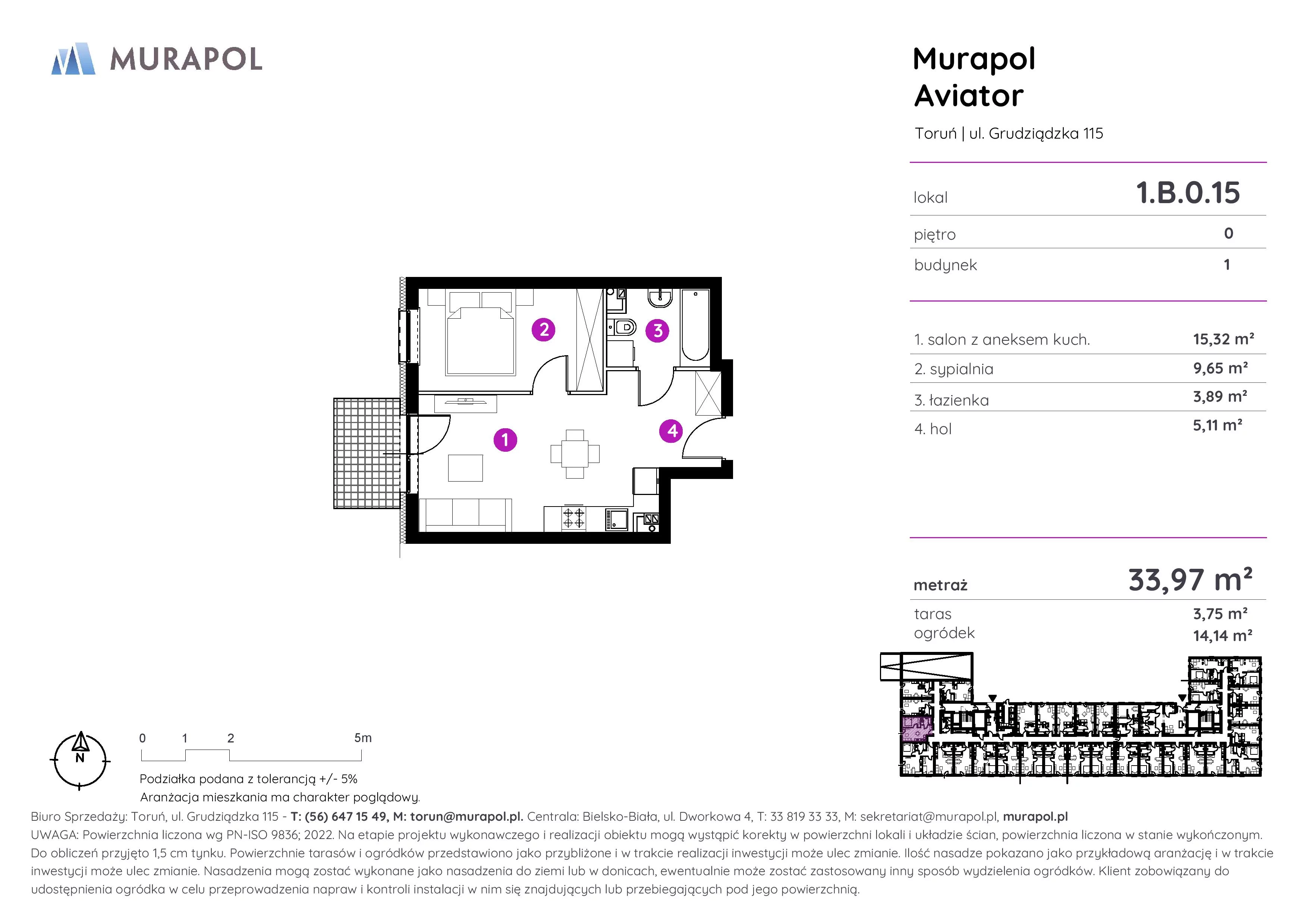 Apartament inwestycyjny 33,97 m², parter, oferta nr 1.B.0.15, Murapol Aviator, Toruń, Koniuchy, ul. Grudziądzka