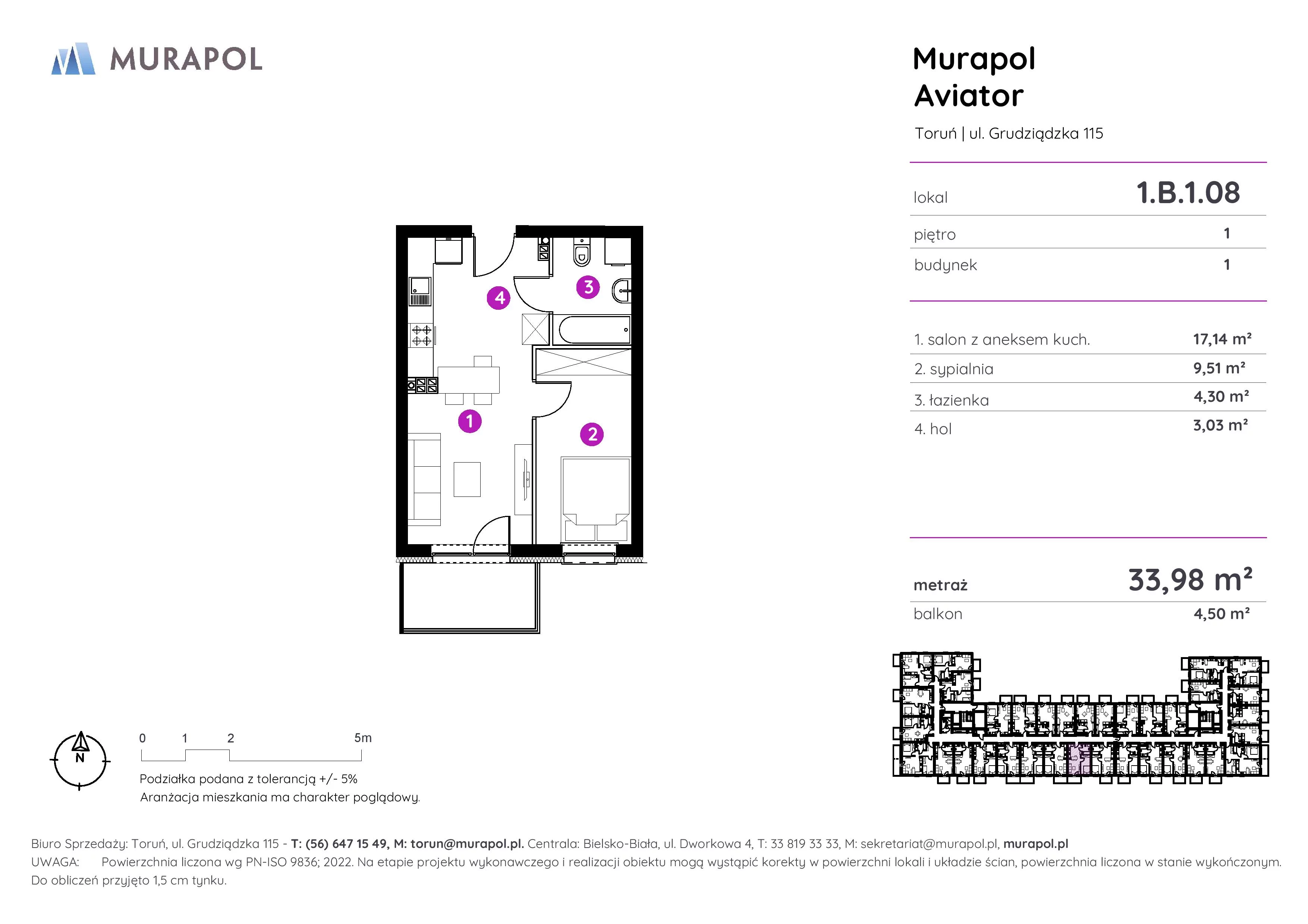 Apartament inwestycyjny 33,98 m², piętro 1, oferta nr 1.B.1.08, Murapol Aviator, Toruń, Koniuchy, ul. Grudziądzka