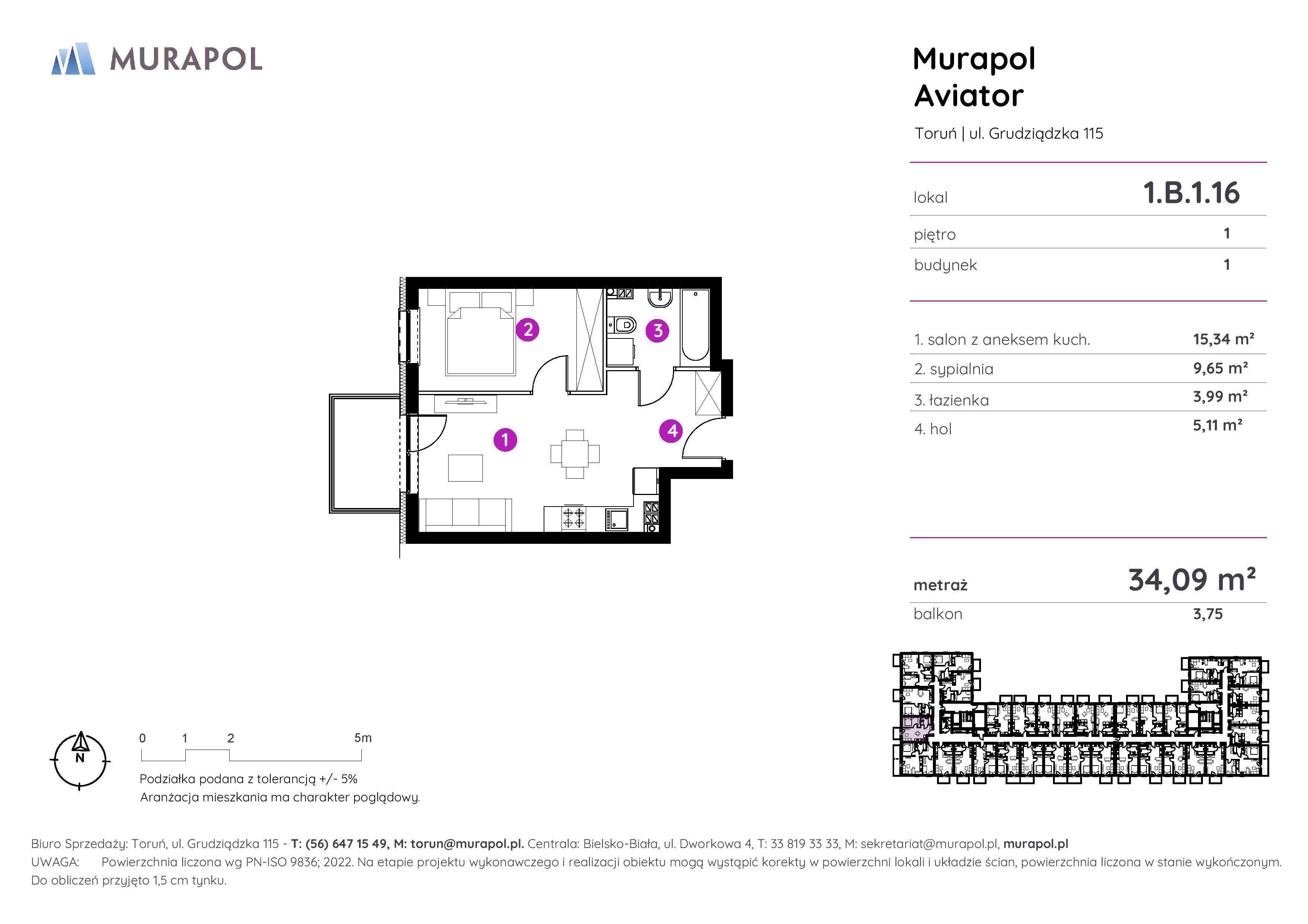 2 pokoje, apartament inwestycyjny 34,09 m², piętro 1, oferta nr 1.B.1.16, Murapol Aviator, Toruń, Koniuchy, ul. Grudziądzka