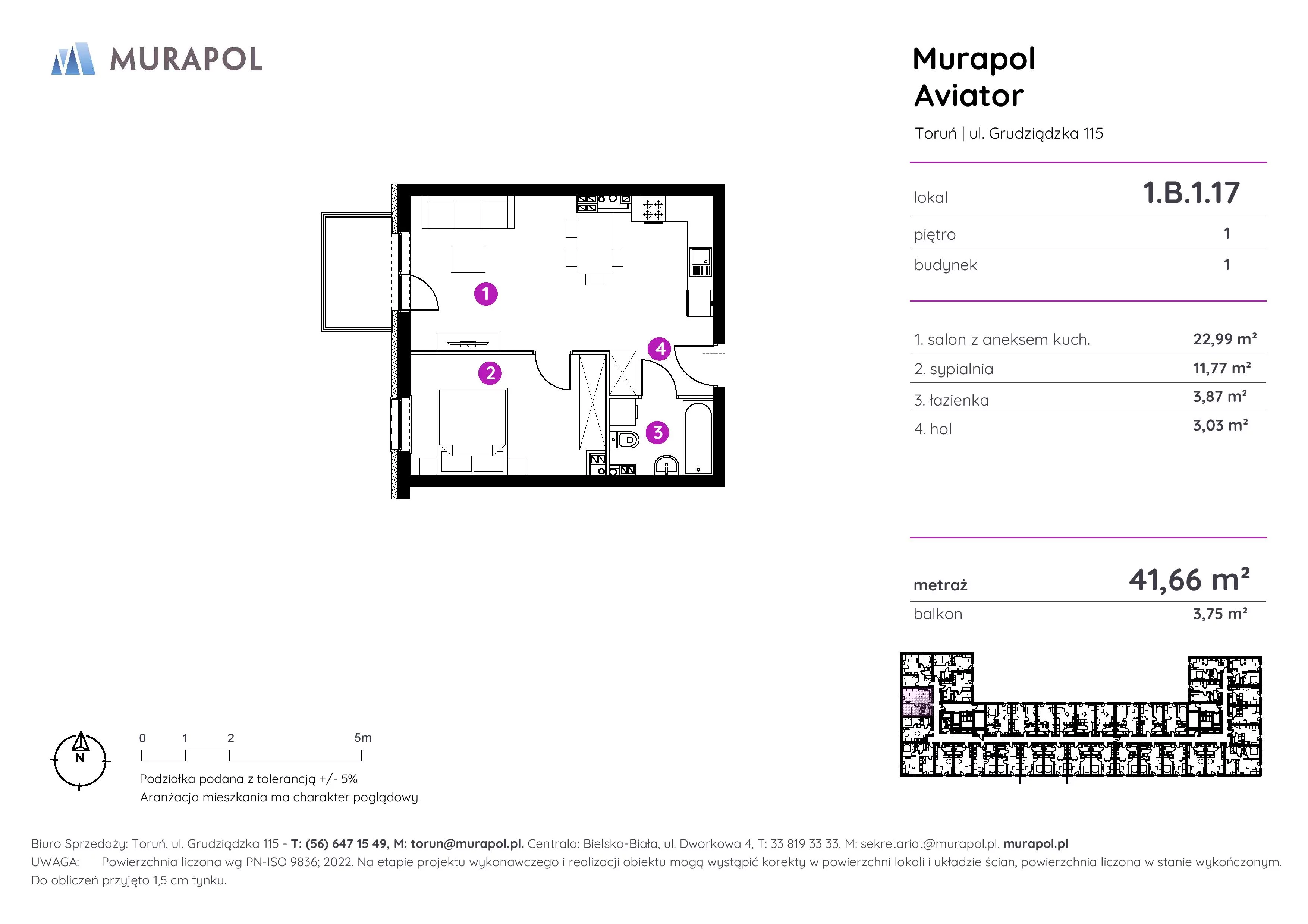 2 pokoje, apartament inwestycyjny 41,66 m², piętro 1, oferta nr 1.B.1.17, Murapol Aviator, Toruń, Koniuchy, ul. Grudziądzka