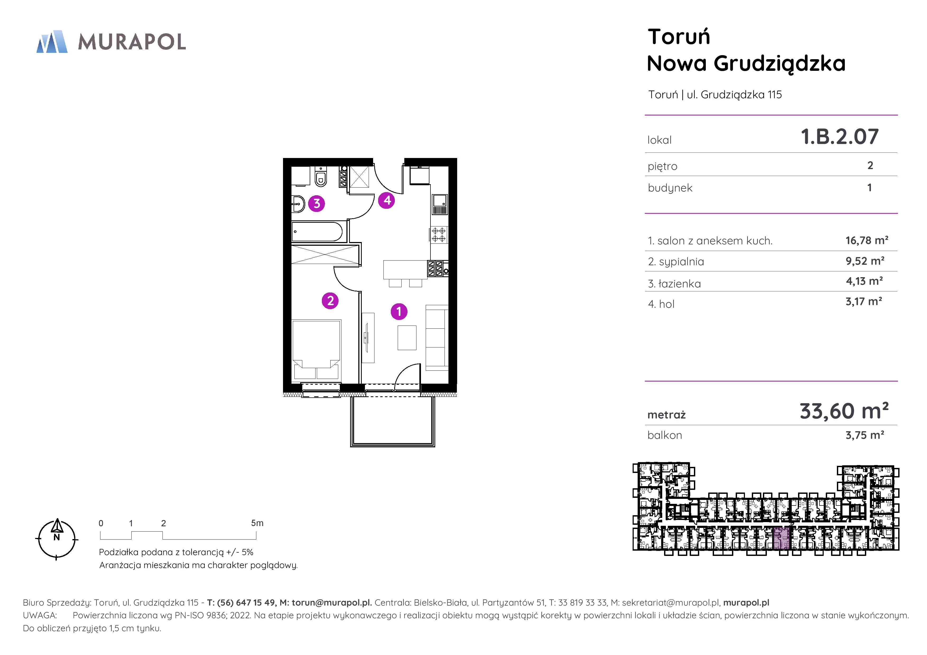 2 pokoje, apartament inwestycyjny 33,60 m², piętro 2, oferta nr 1.B.2.07, Murapol Aviator, Toruń, Koniuchy, ul. Grudziądzka