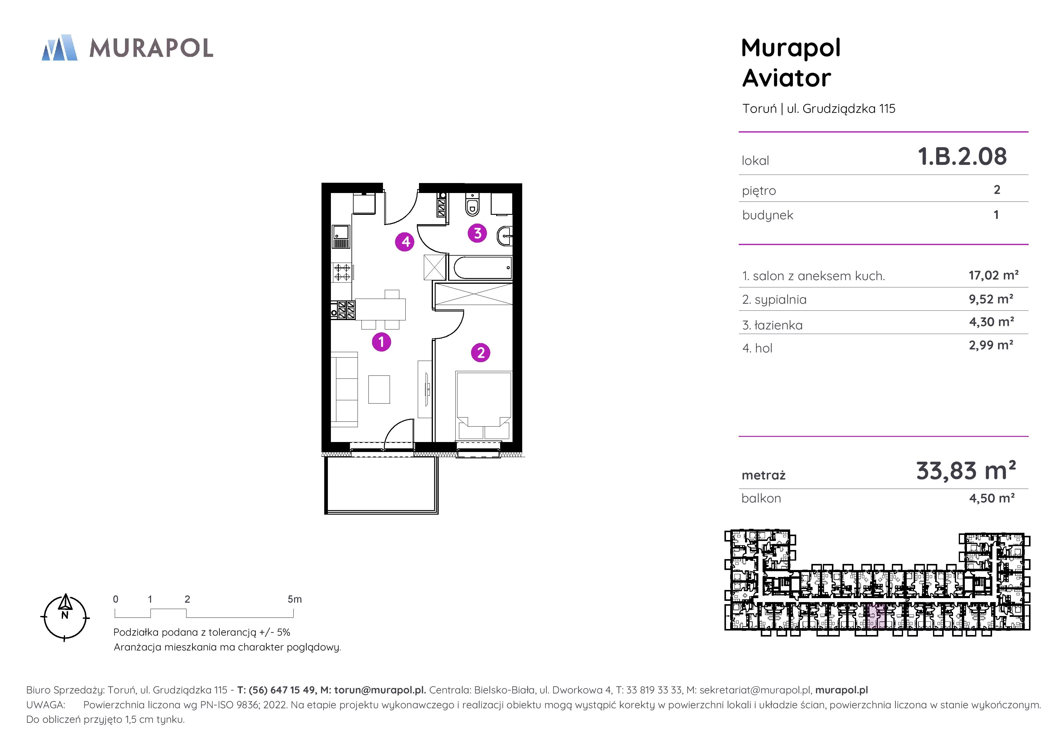 Apartament inwestycyjny 33,83 m², piętro 2, oferta nr 1.B.2.08, Murapol Aviator, Toruń, Koniuchy, ul. Grudziądzka