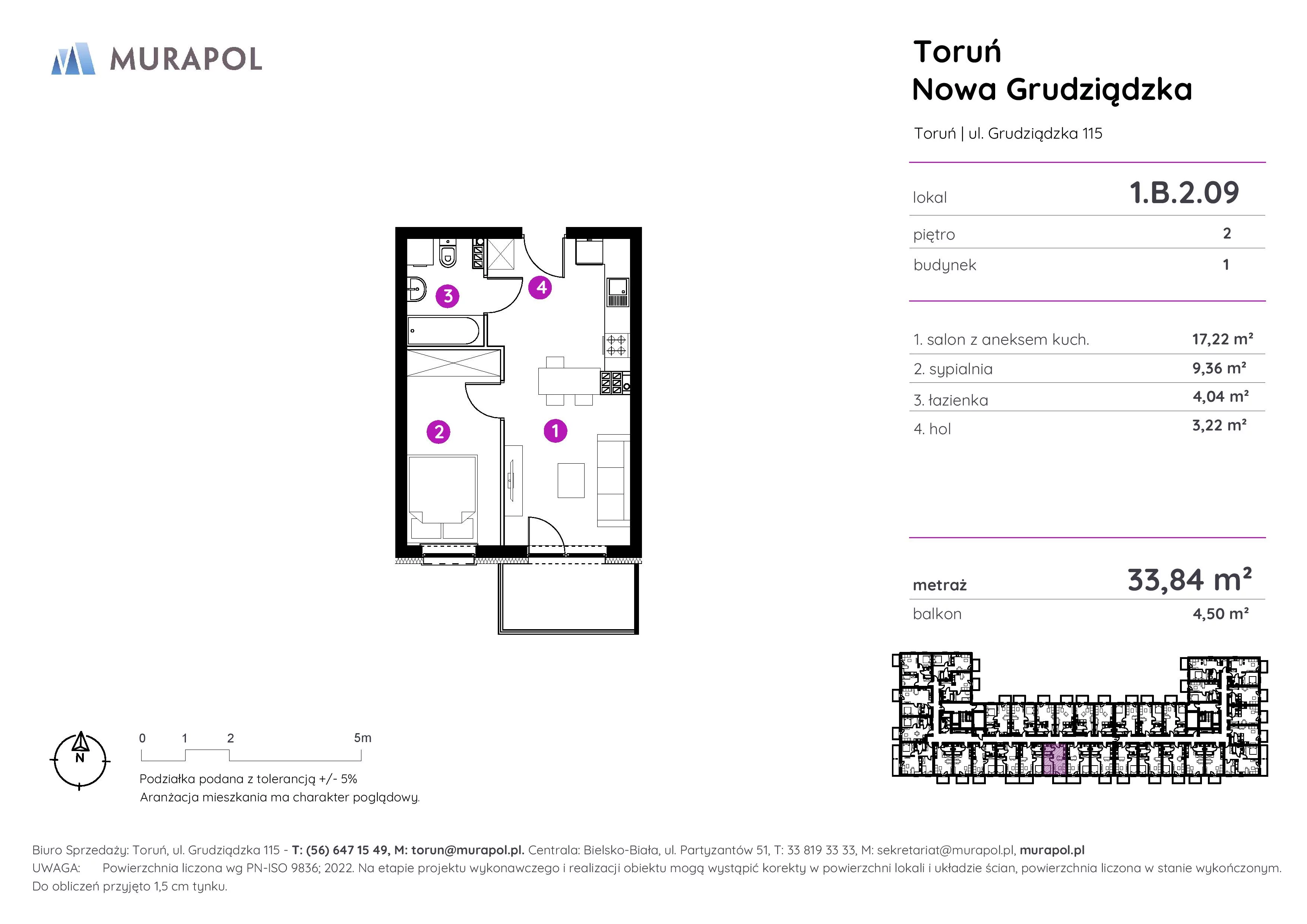 Apartament inwestycyjny 33,84 m², piętro 2, oferta nr 1.B.2.09, Murapol Aviator, Toruń, Koniuchy, ul. Grudziądzka