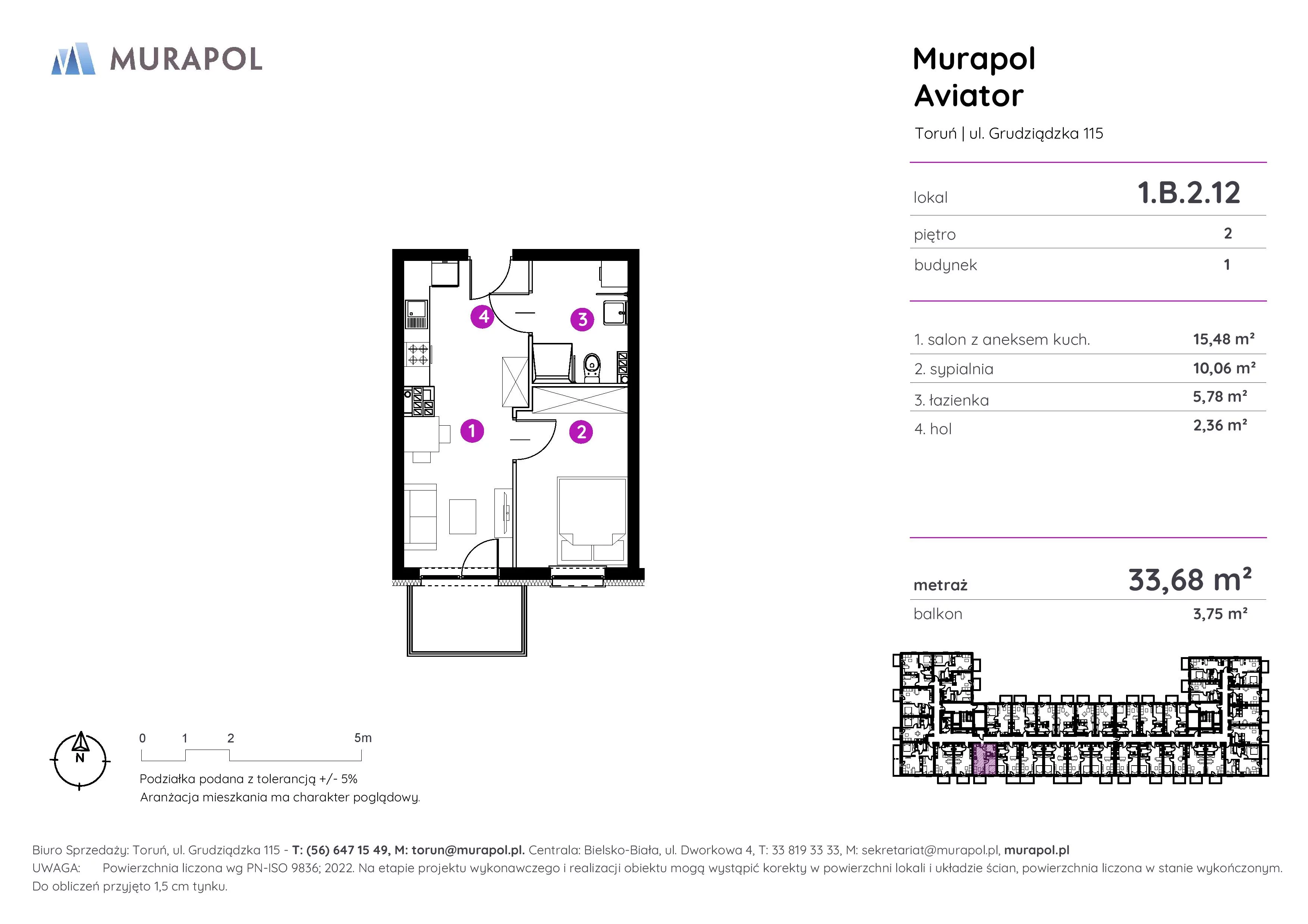 Apartament inwestycyjny 33,68 m², piętro 2, oferta nr 1.B.2.12, Murapol Aviator, Toruń, Koniuchy, ul. Grudziądzka