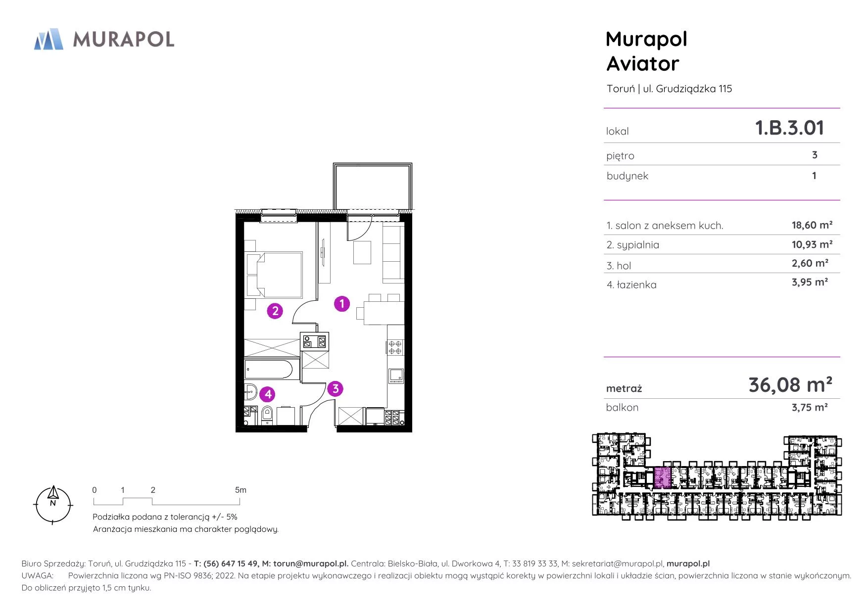 Apartament inwestycyjny 36,08 m², piętro 3, oferta nr 1.B.3.01, Murapol Aviator, Toruń, Koniuchy, ul. Grudziądzka