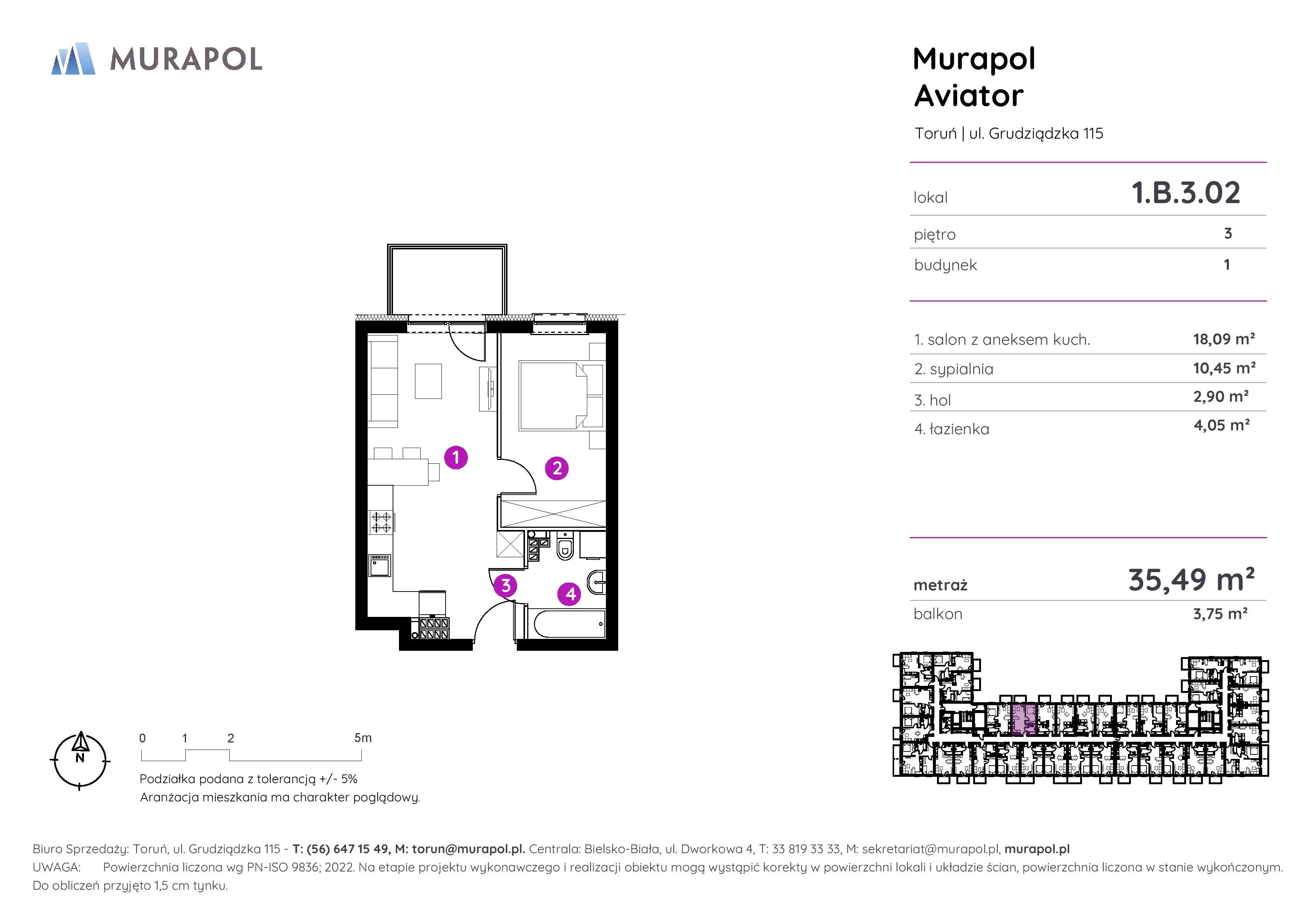 Apartament inwestycyjny 35,49 m², piętro 3, oferta nr 1.B.3.02, Murapol Aviator, Toruń, Koniuchy, ul. Grudziądzka