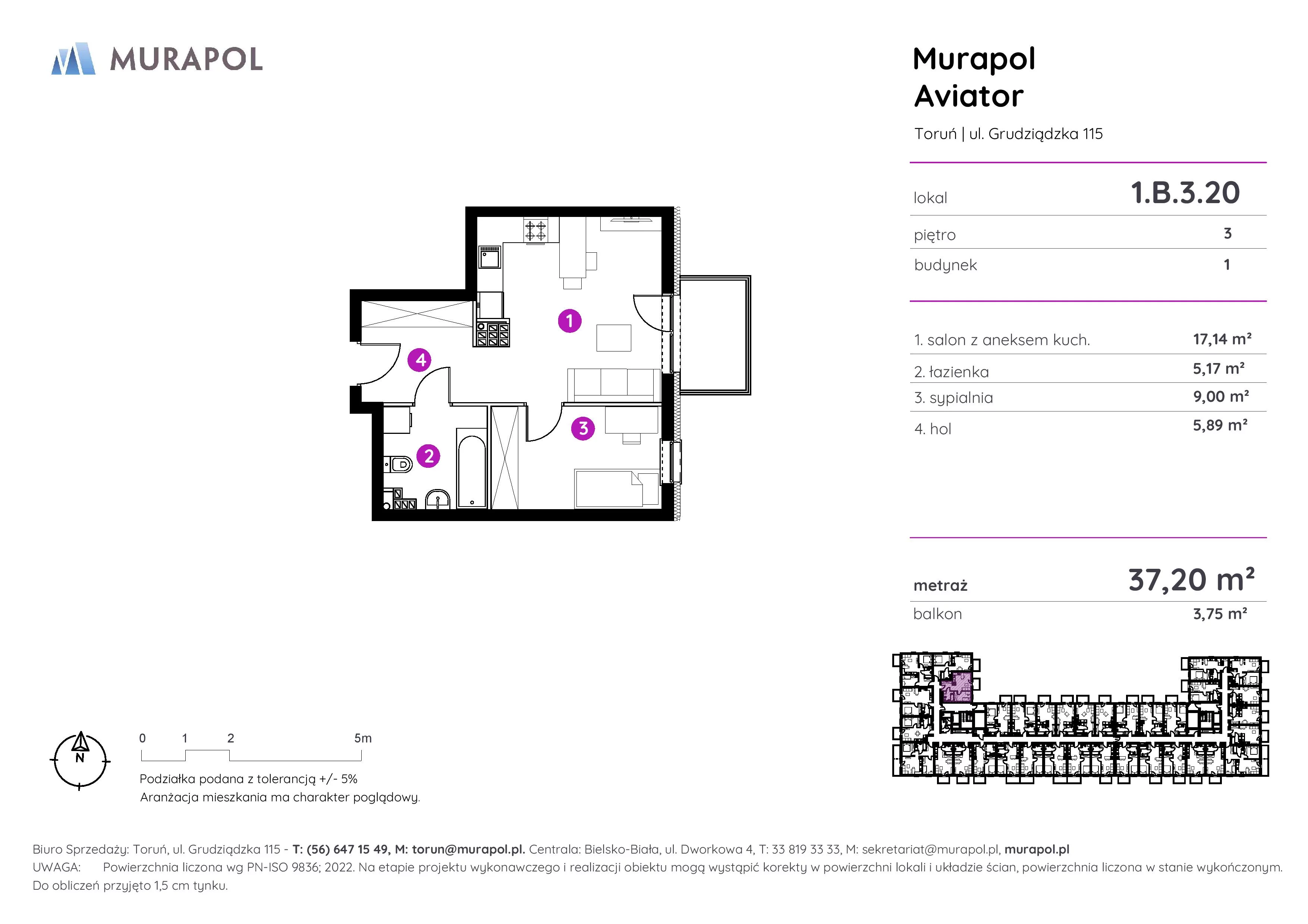 Apartament inwestycyjny 37,20 m², piętro 3, oferta nr 1.B.3.20, Murapol Aviator, Toruń, Koniuchy, ul. Grudziądzka