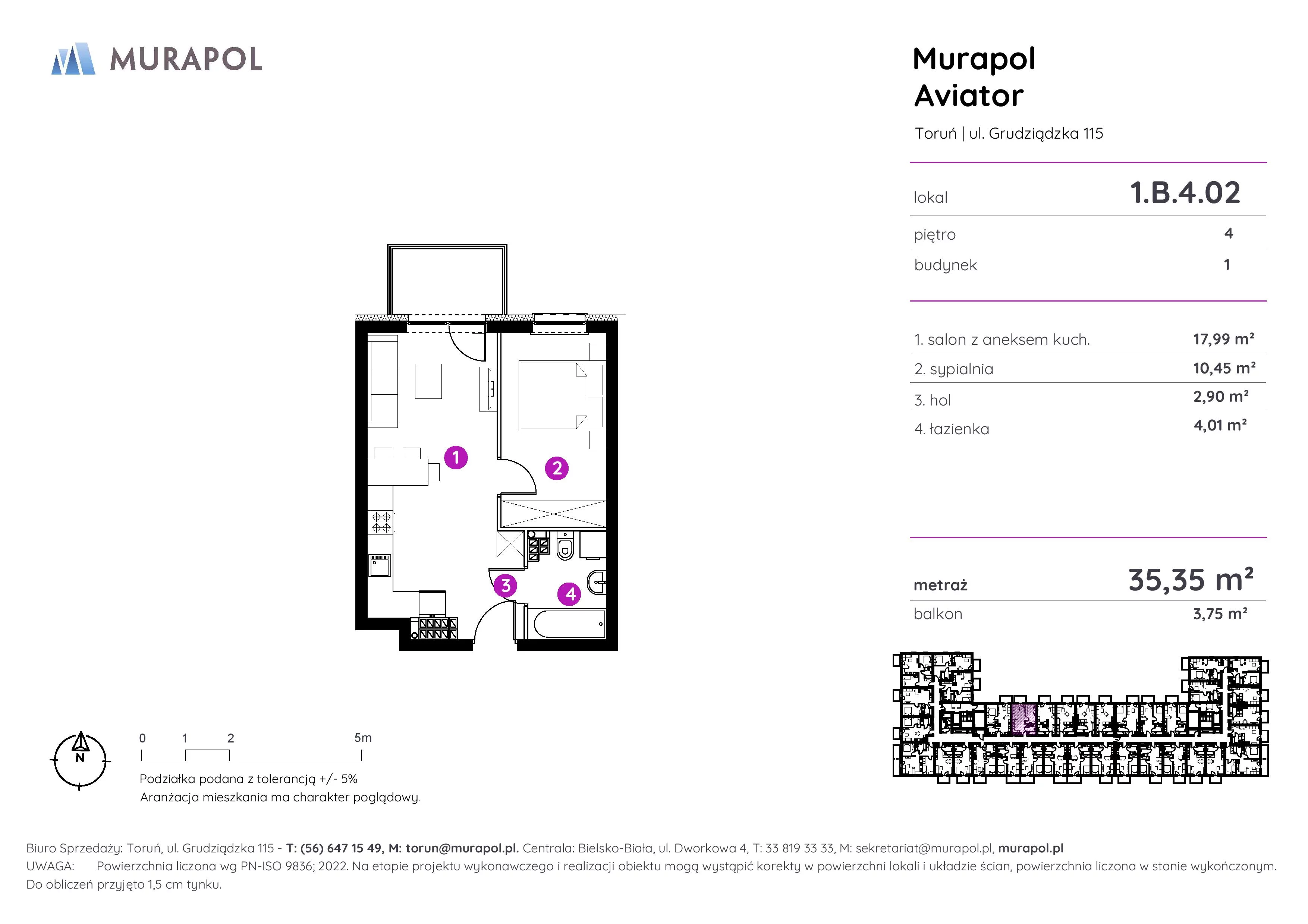 Apartament inwestycyjny 35,35 m², piętro 4, oferta nr 1.B.4.02, Murapol Aviator, Toruń, Koniuchy, ul. Grudziądzka-idx