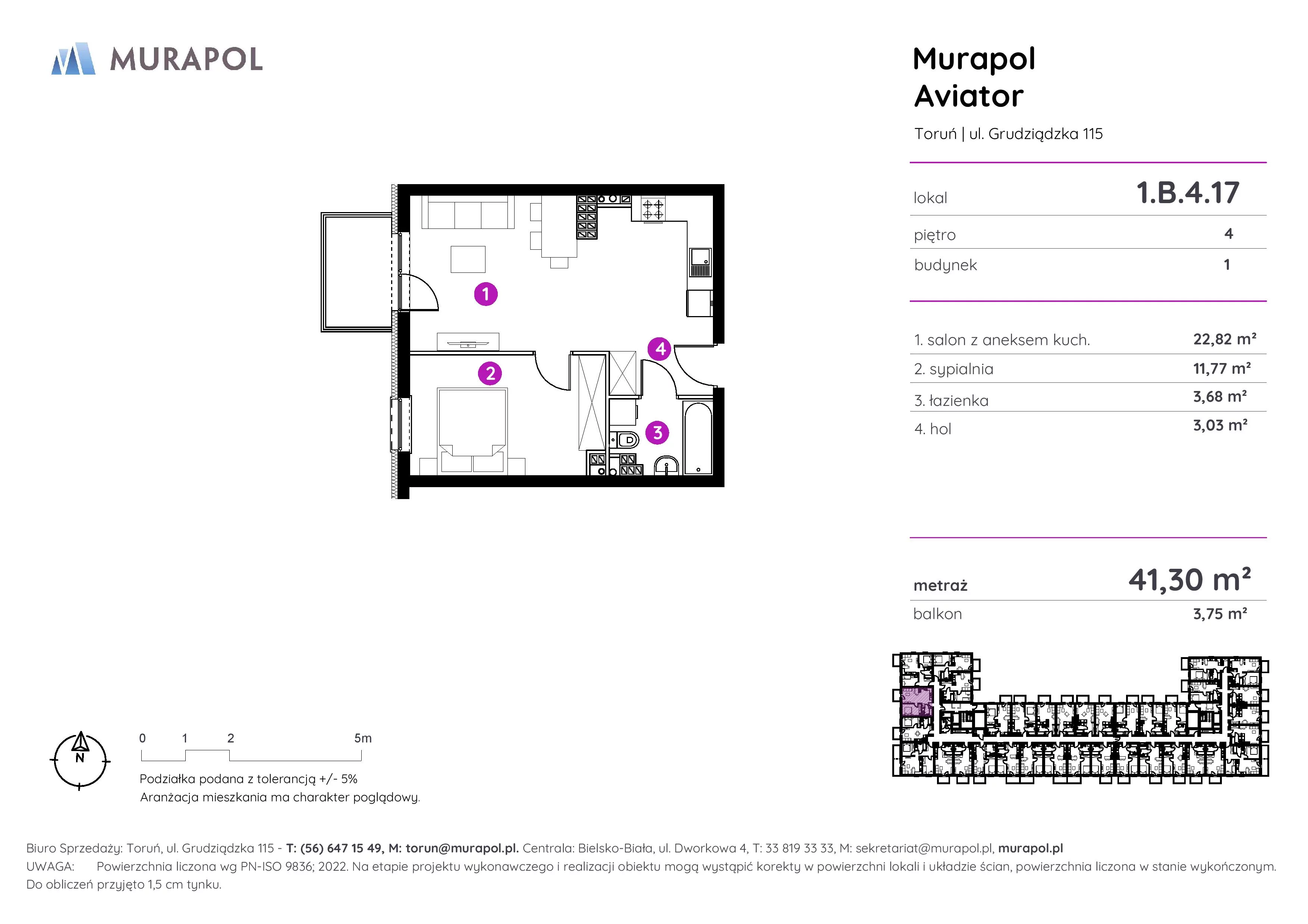 Apartament inwestycyjny 41,30 m², piętro 4, oferta nr 1.B.4.17, Murapol Aviator, Toruń, Koniuchy, ul. Grudziądzka