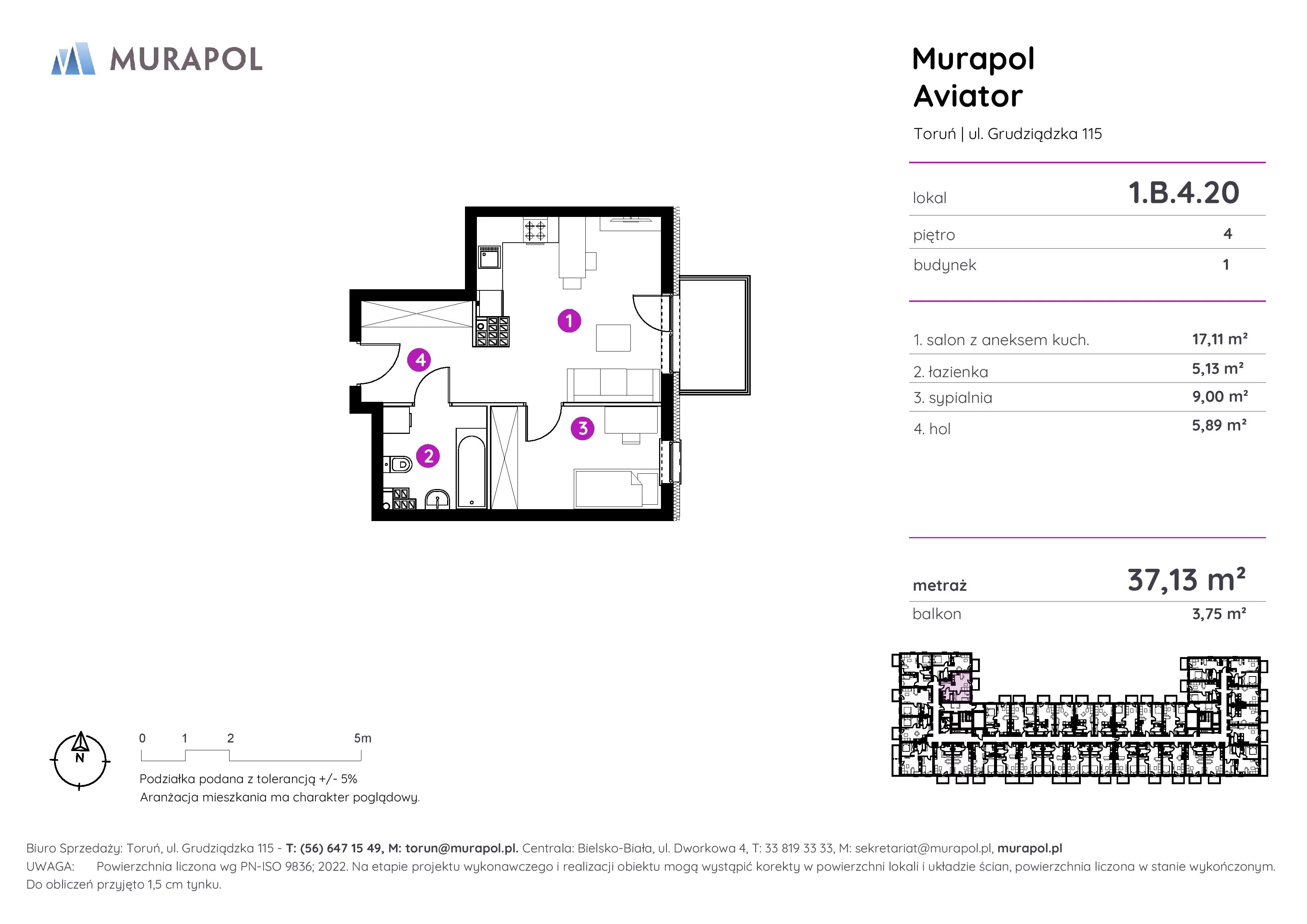 Apartament inwestycyjny 37,13 m², piętro 4, oferta nr 1.B.4.20, Murapol Aviator, Toruń, Koniuchy, ul. Grudziądzka