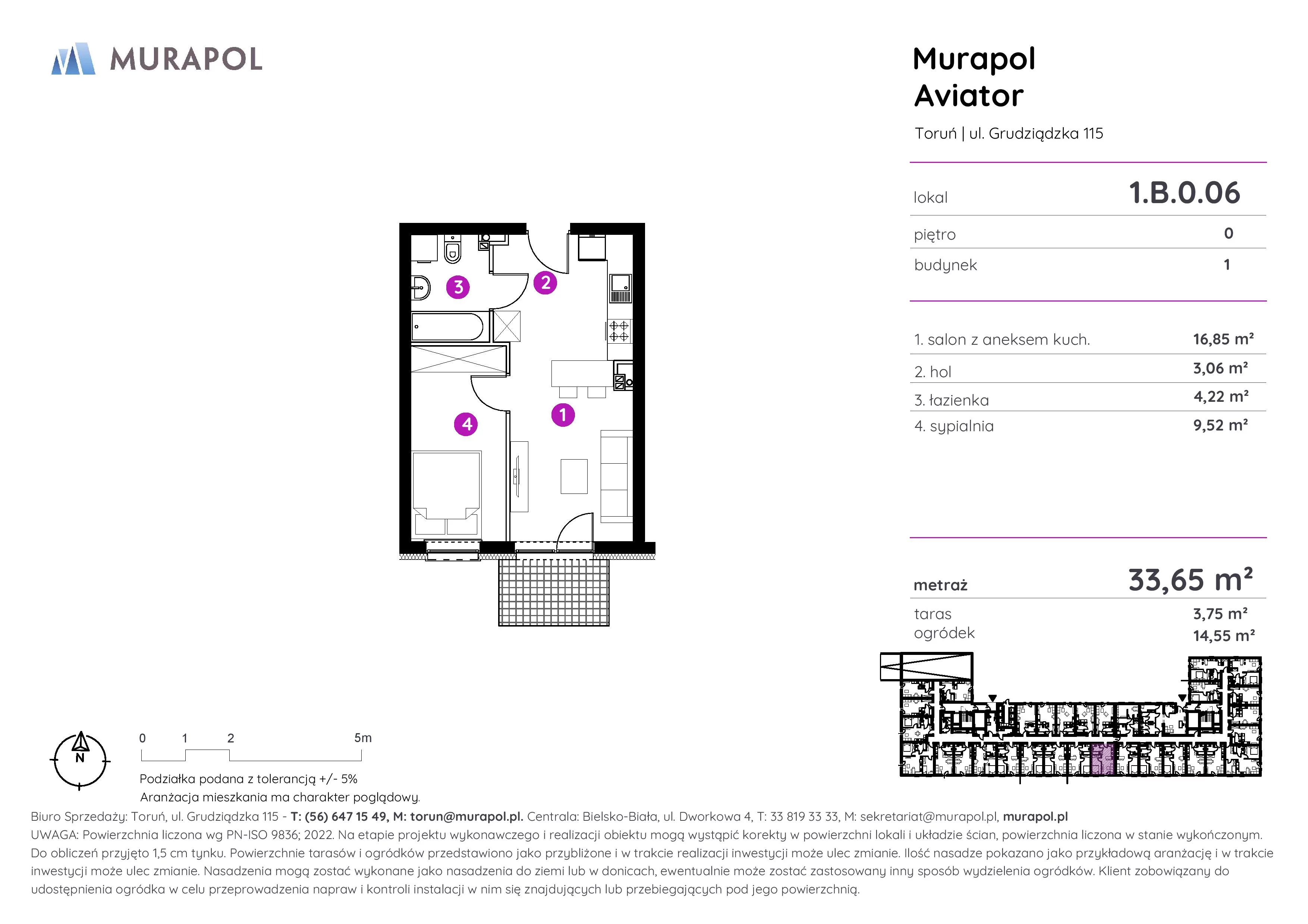2 pokoje, apartament inwestycyjny 33,65 m², parter, oferta nr 1.B.0.06, Murapol Aviator, Toruń, Koniuchy, ul. Grudziądzka