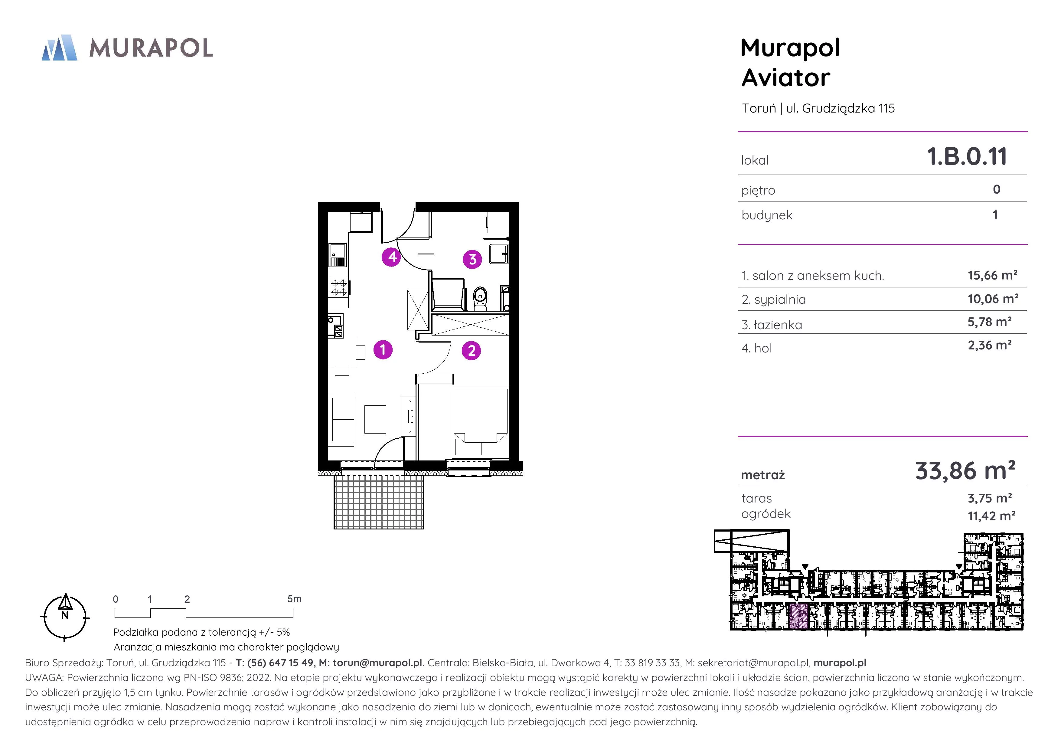 2 pokoje, apartament inwestycyjny 33,86 m², parter, oferta nr 1.B.0.11, Murapol Aviator, Toruń, Koniuchy, ul. Grudziądzka