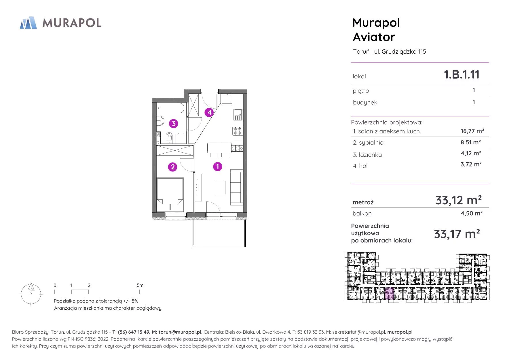 2 pokoje, apartament inwestycyjny 33,17 m², piętro 1, oferta nr 1.B.1.11, Murapol Aviator, Toruń, Koniuchy, ul. Grudziądzka