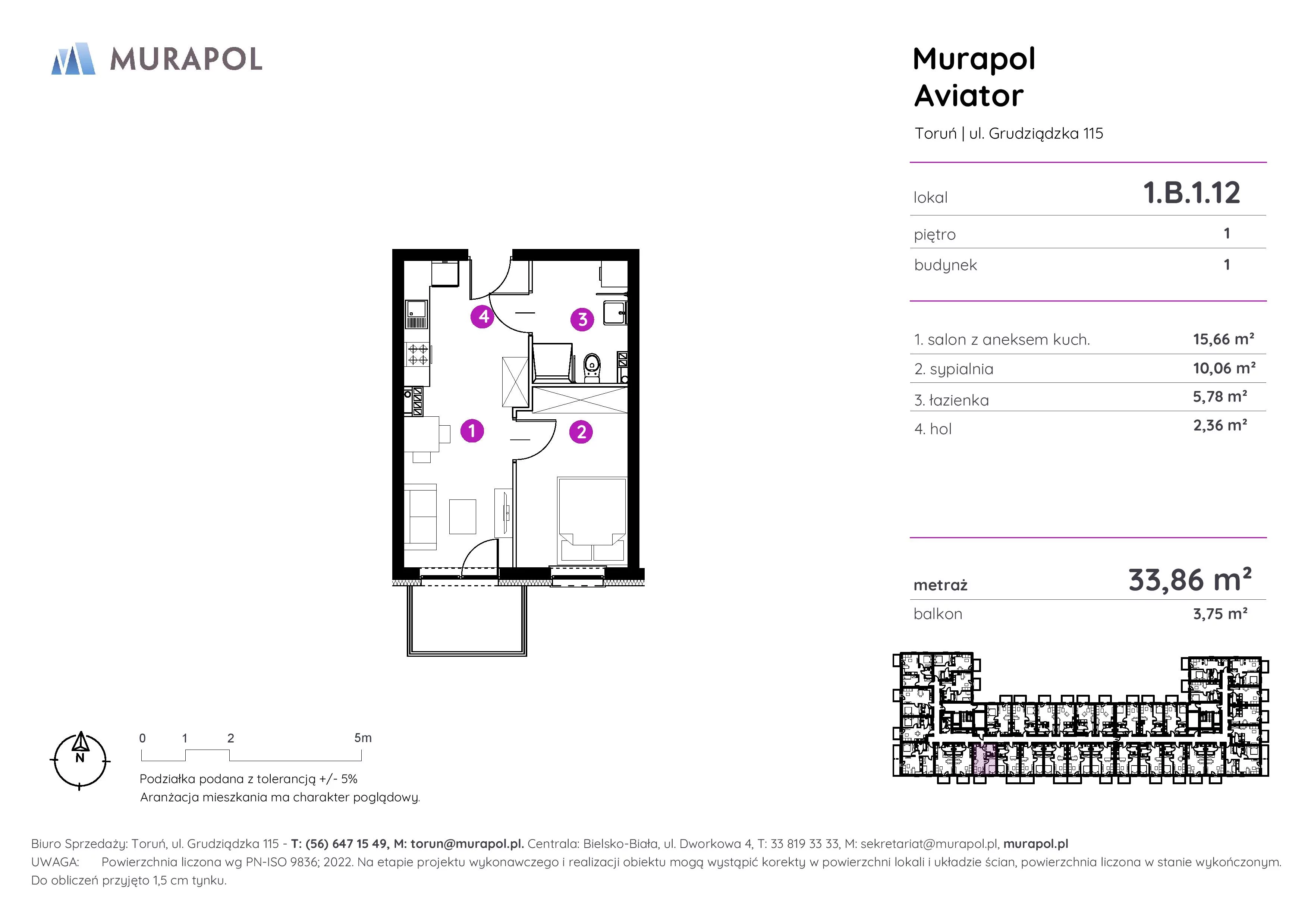 2 pokoje, apartament inwestycyjny 33,86 m², piętro 1, oferta nr 1.B.1.12, Murapol Aviator, Toruń, Koniuchy, ul. Grudziądzka