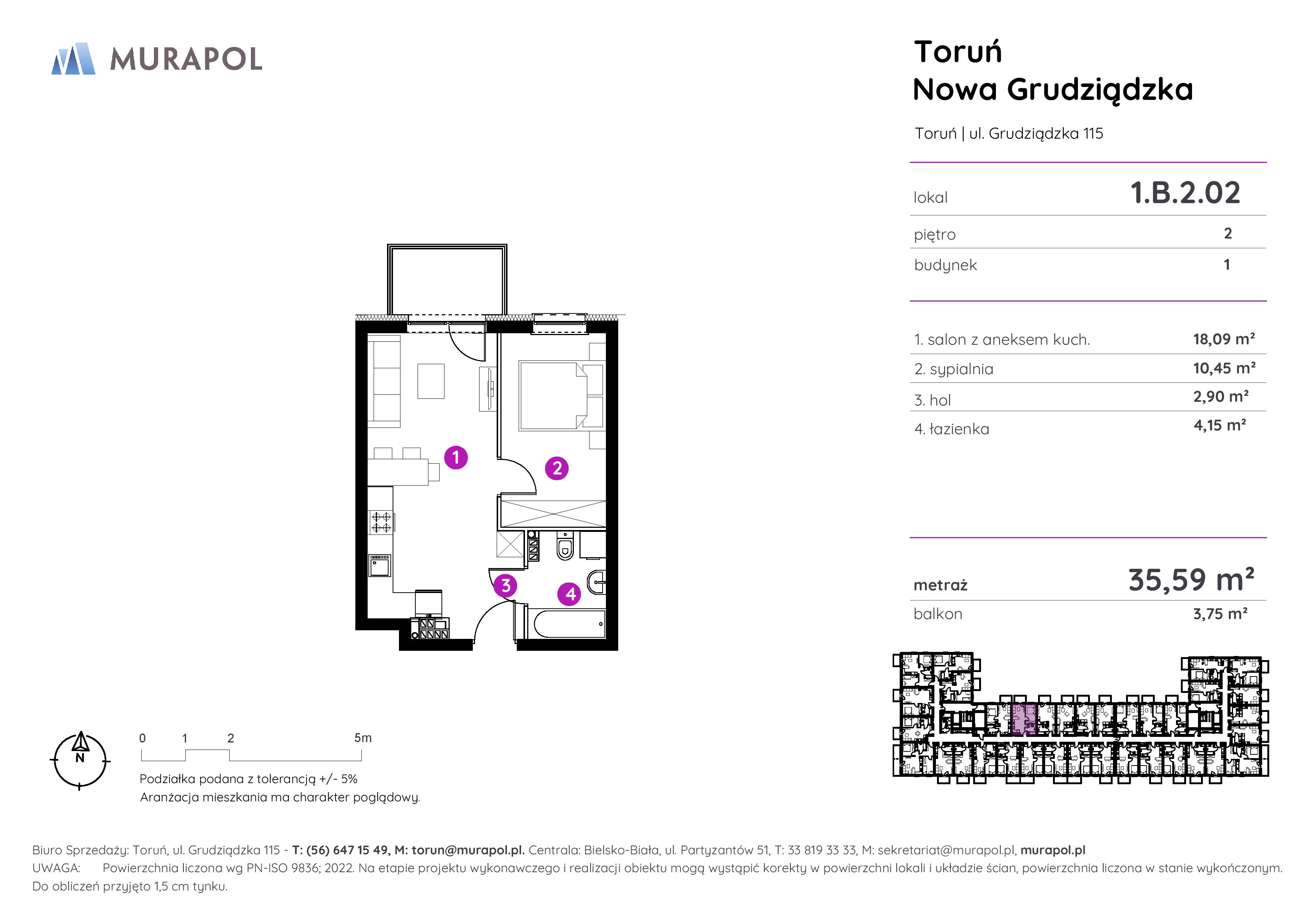 2 pokoje, apartament inwestycyjny 35,59 m², piętro 2, oferta nr 1.B.2.02, Murapol Aviator, Toruń, Koniuchy, ul. Grudziądzka