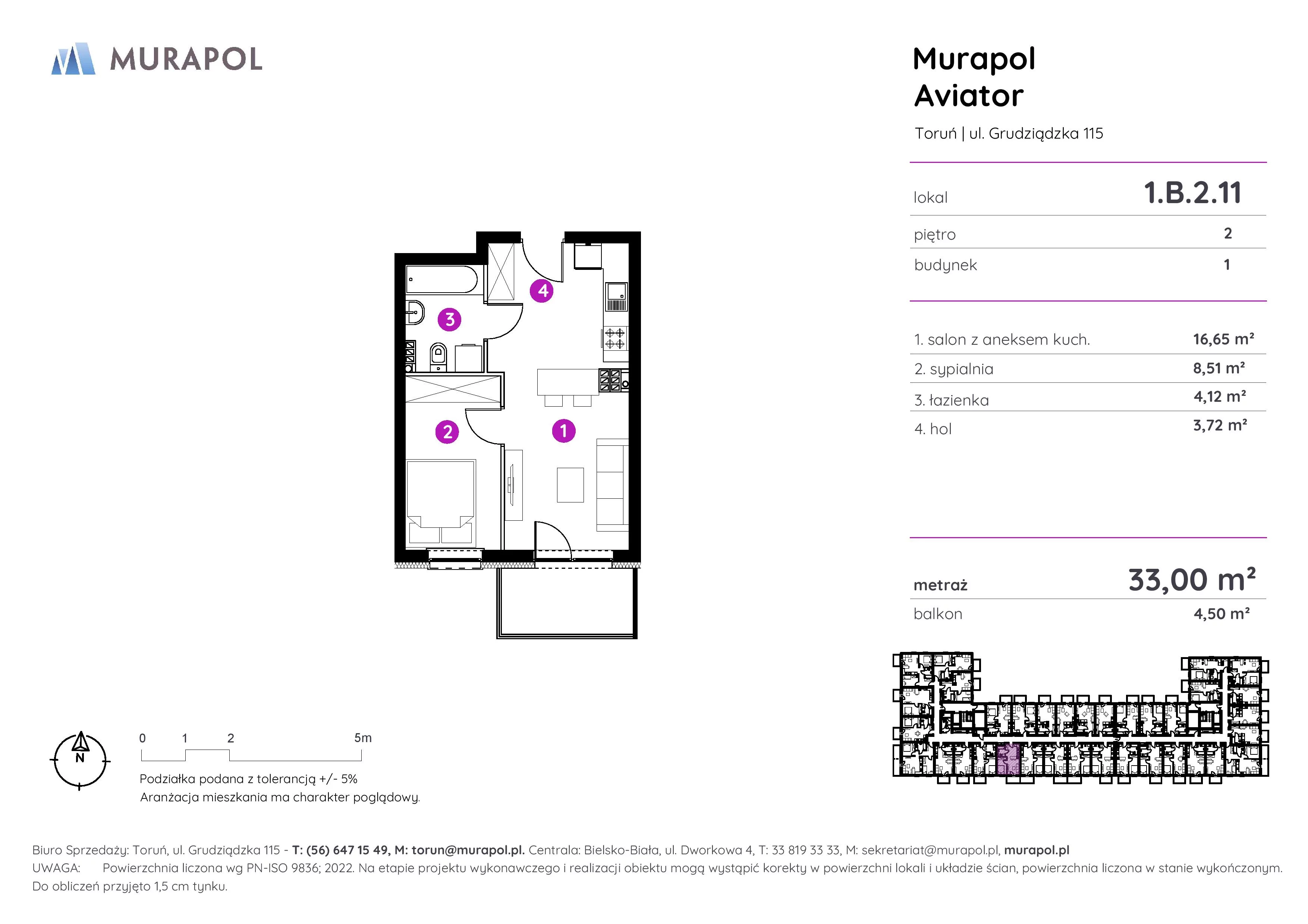 2 pokoje, apartament inwestycyjny 33,00 m², piętro 2, oferta nr 1.B.2.11, Murapol Aviator, Toruń, Koniuchy, ul. Grudziądzka