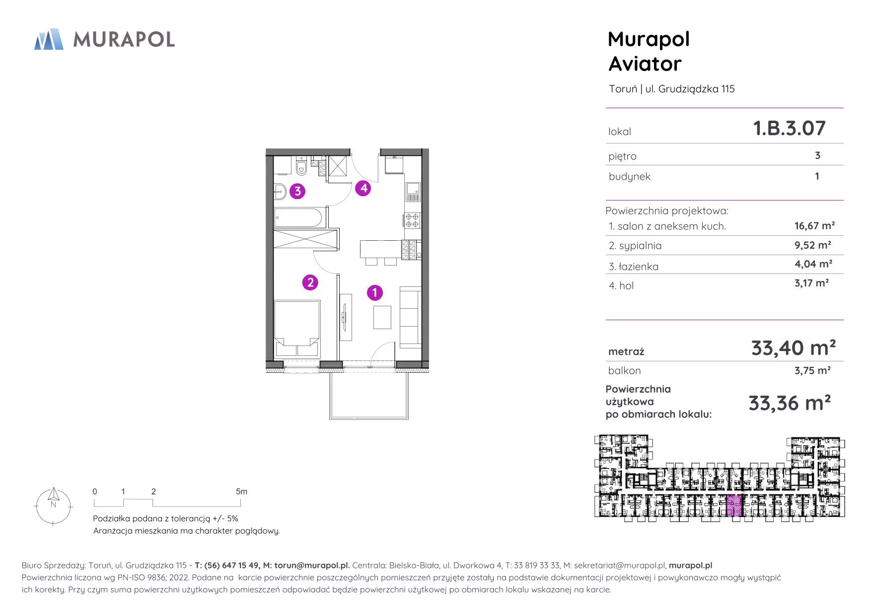 2 pokoje, apartament inwestycyjny 33,36 m², piętro 3, oferta nr 1.B.3.07, Murapol Aviator, Toruń, Koniuchy, ul. Grudziądzka
