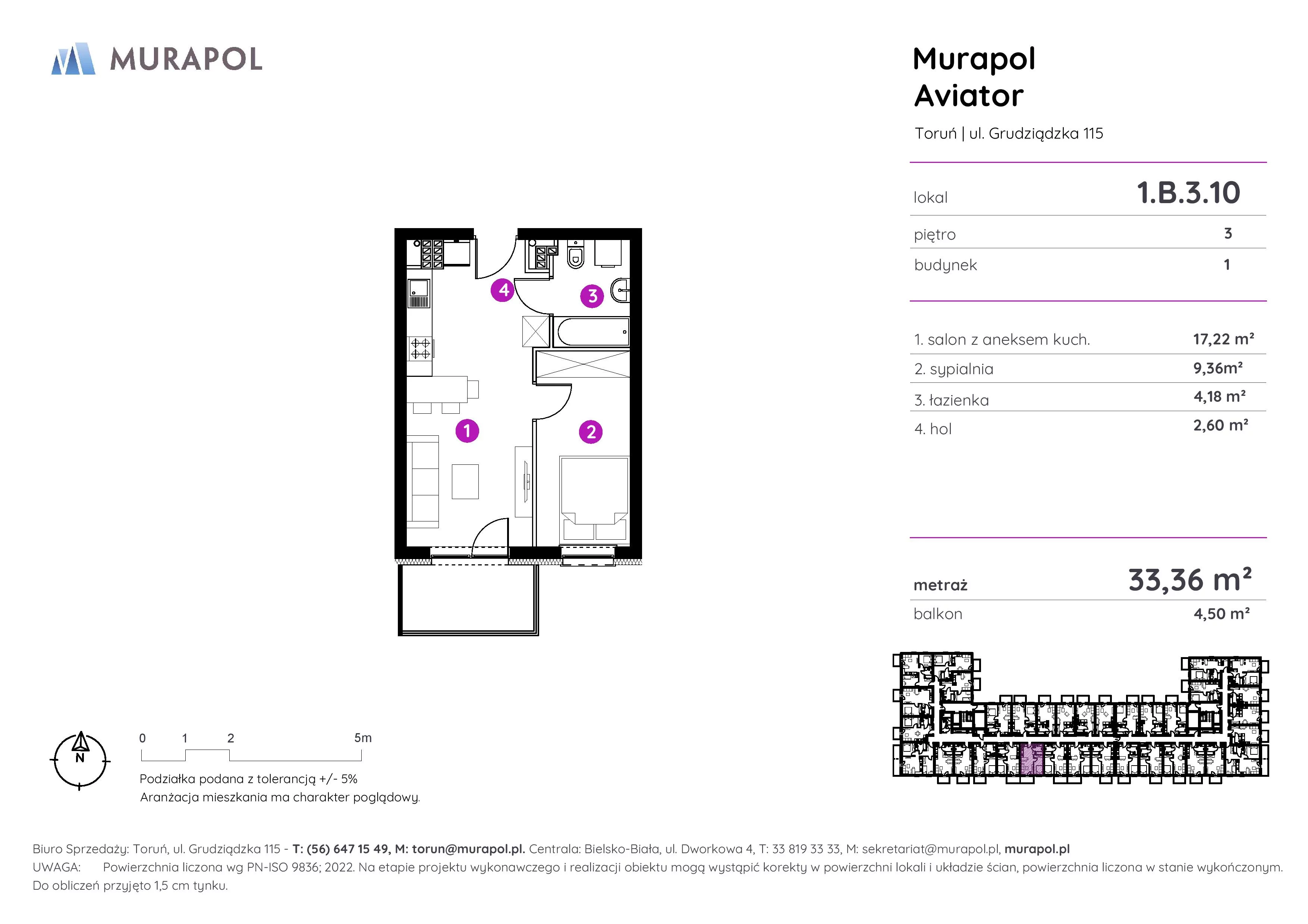 2 pokoje, apartament inwestycyjny 33,36 m², piętro 3, oferta nr 1.B.3.10, Murapol Aviator, Toruń, Koniuchy, ul. Grudziądzka