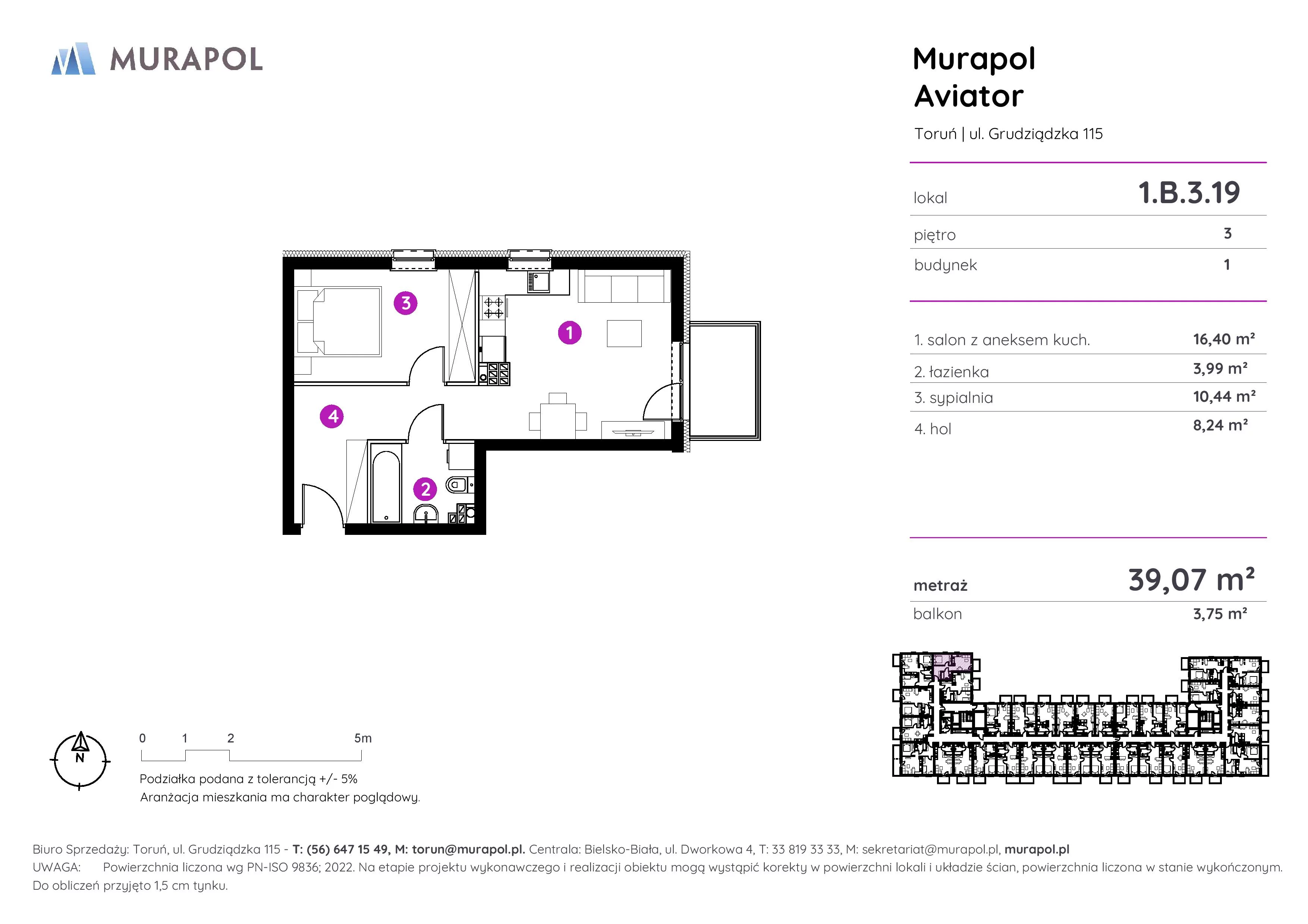 2 pokoje, apartament inwestycyjny 39,07 m², piętro 3, oferta nr 1.B.3.19, Murapol Aviator, Toruń, Koniuchy, ul. Grudziądzka