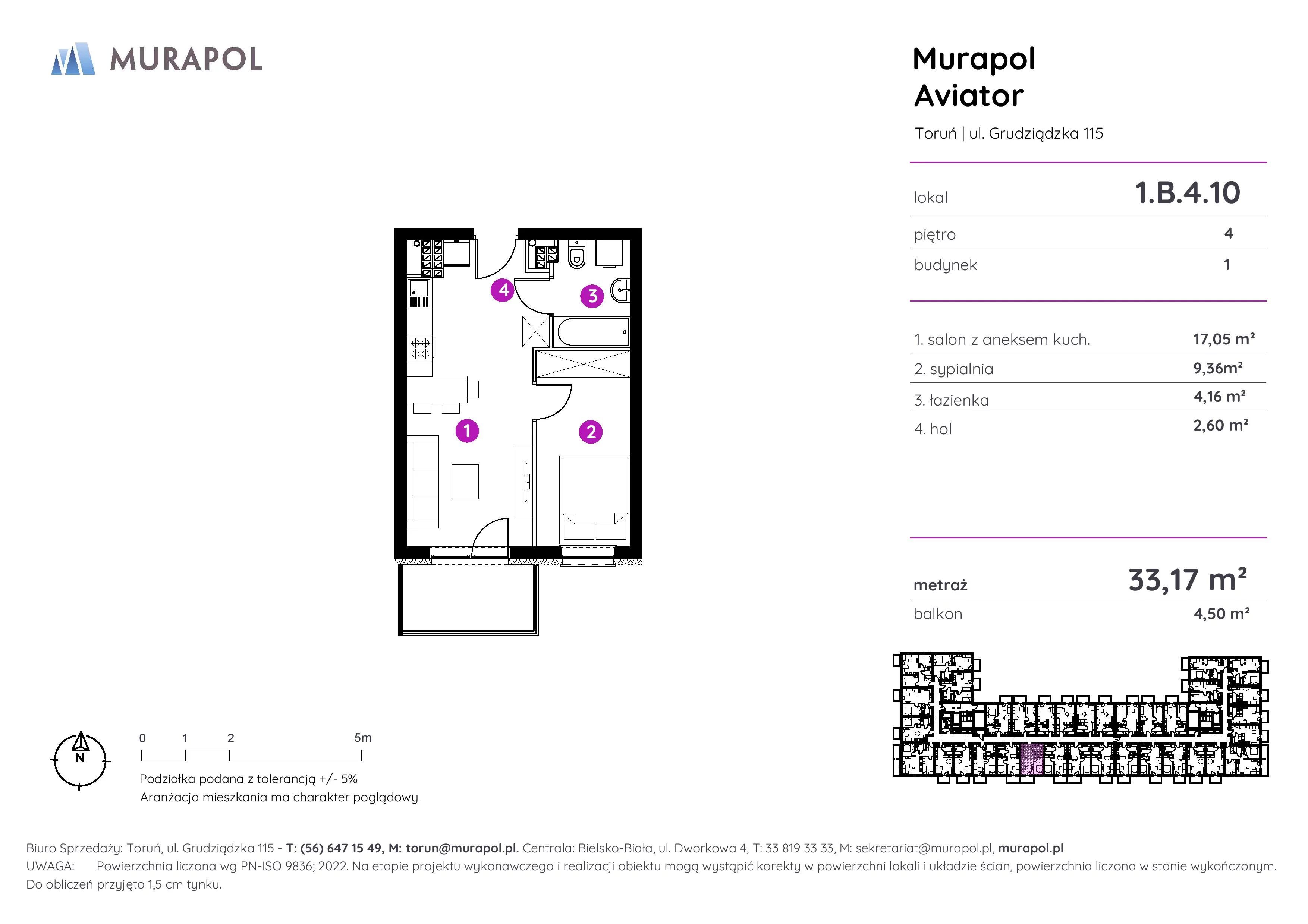 2 pokoje, apartament inwestycyjny 33,17 m², piętro 4, oferta nr 1.B.4.10, Murapol Aviator, Toruń, Koniuchy, ul. Grudziądzka