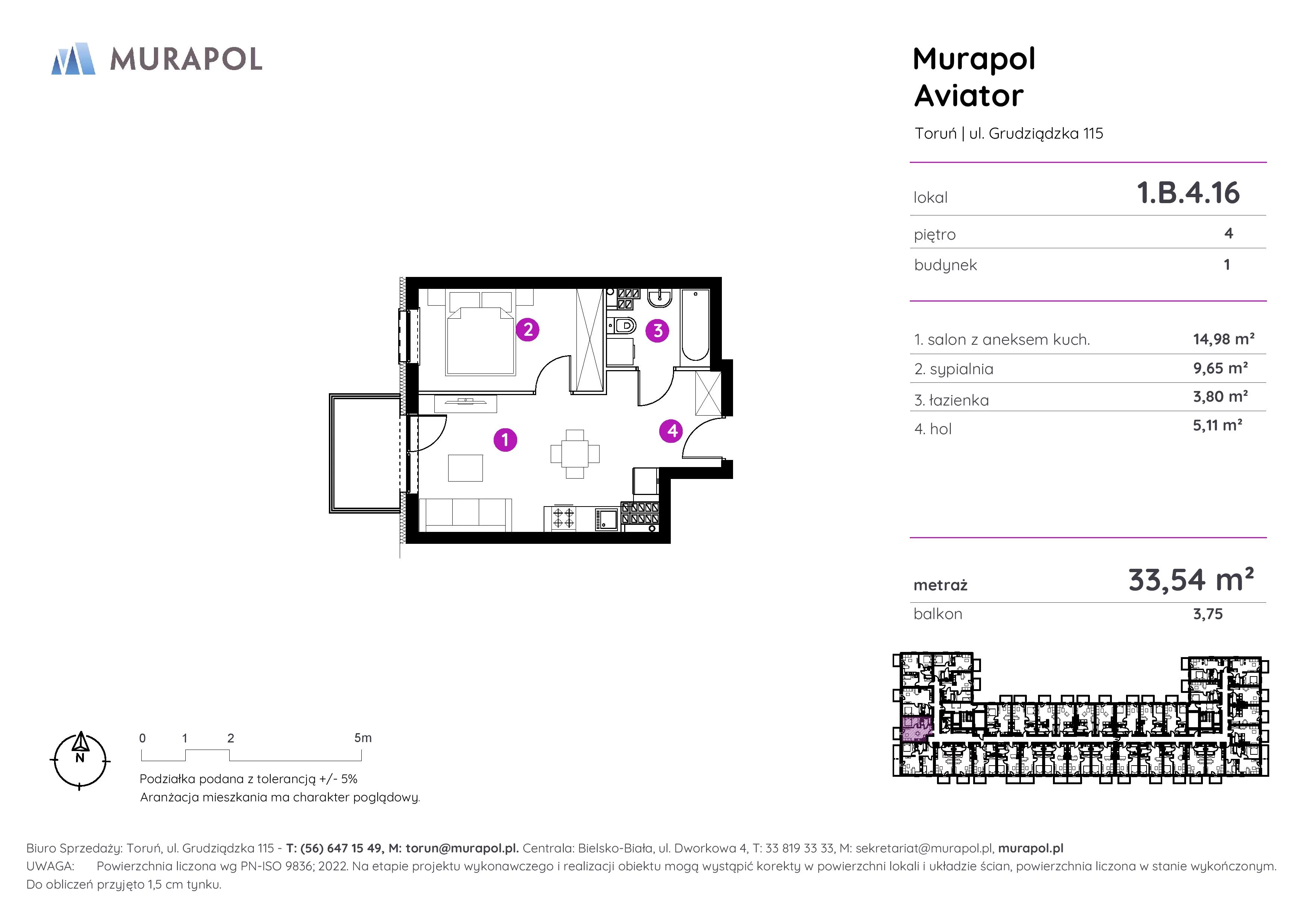 2 pokoje, apartament inwestycyjny 33,54 m², piętro 4, oferta nr 1.B.4.16, Murapol Aviator, Toruń, Koniuchy, ul. Grudziądzka