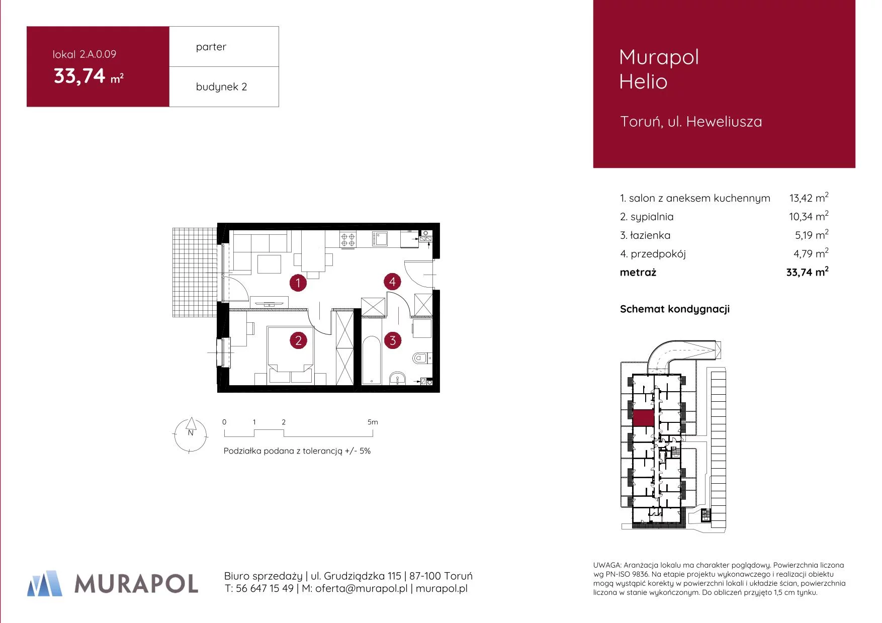 Mieszkanie 33,74 m², parter, oferta nr 2.A.0.09, Murapol Helio, Toruń, Wrzosy, JAR, ul. Heweliusza