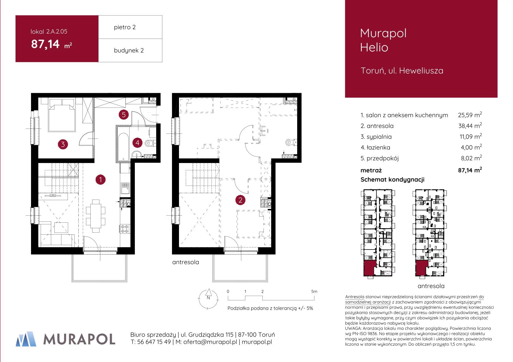 2 pokoje, mieszkanie 87,14 m², piętro 2, oferta nr 2.A.2.05, Murapol Helio, Toruń, Wrzosy, JAR, ul. Heweliusza