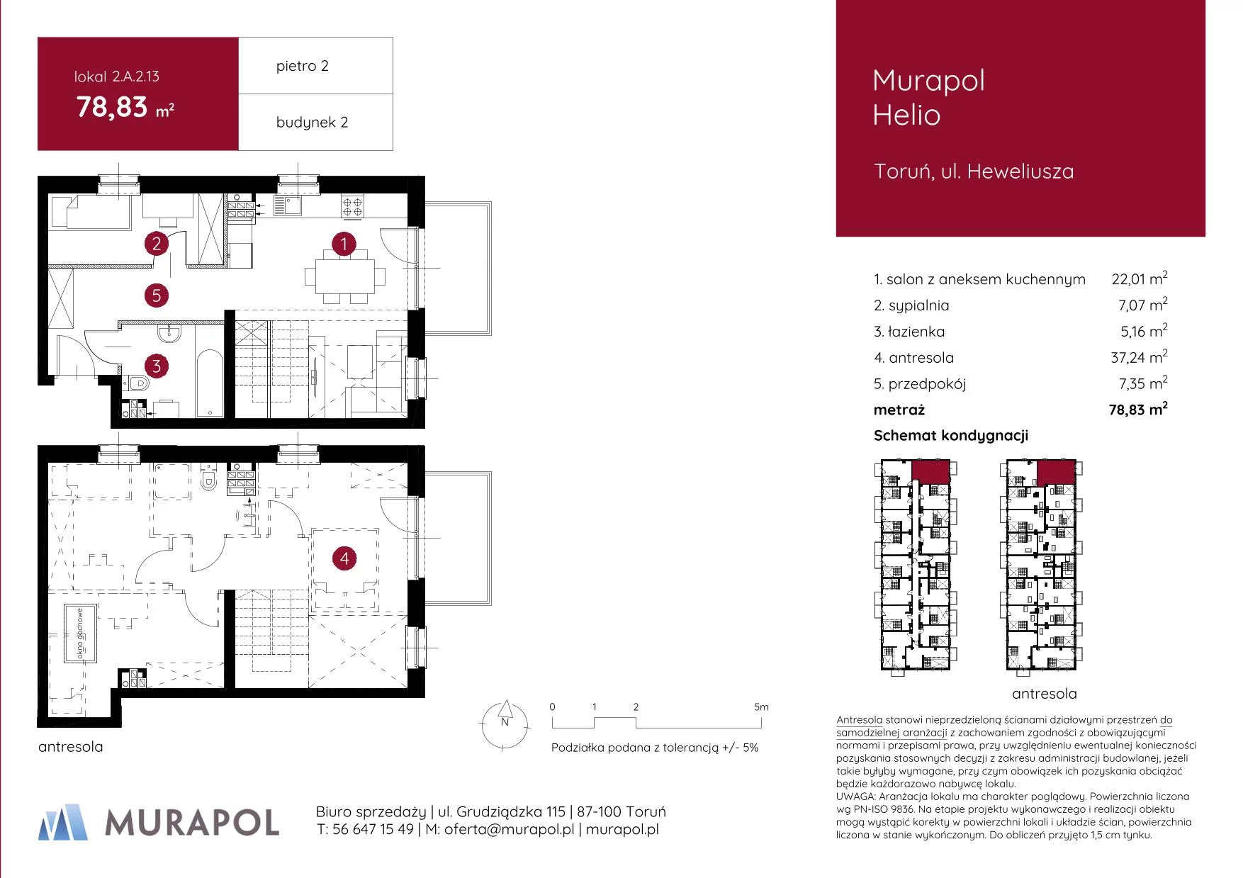 2 pokoje, mieszkanie 78,83 m², piętro 2, oferta nr 2.A.2.13, Murapol Helio, Toruń, Wrzosy, JAR, ul. Heweliusza