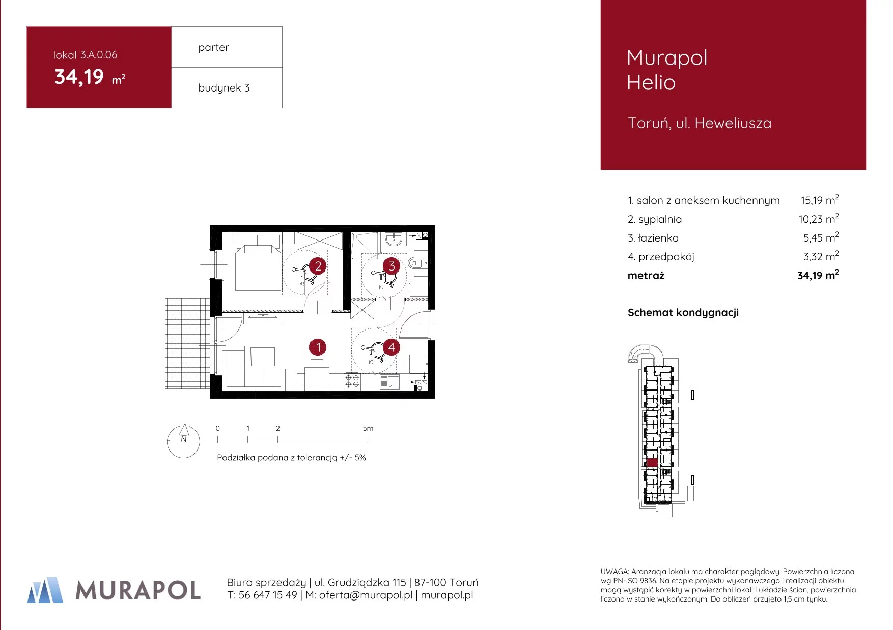 Mieszkanie 34,19 m², parter, oferta nr 3.A.0.06, Murapol Helio, Toruń, Wrzosy, JAR, ul. Heweliusza
