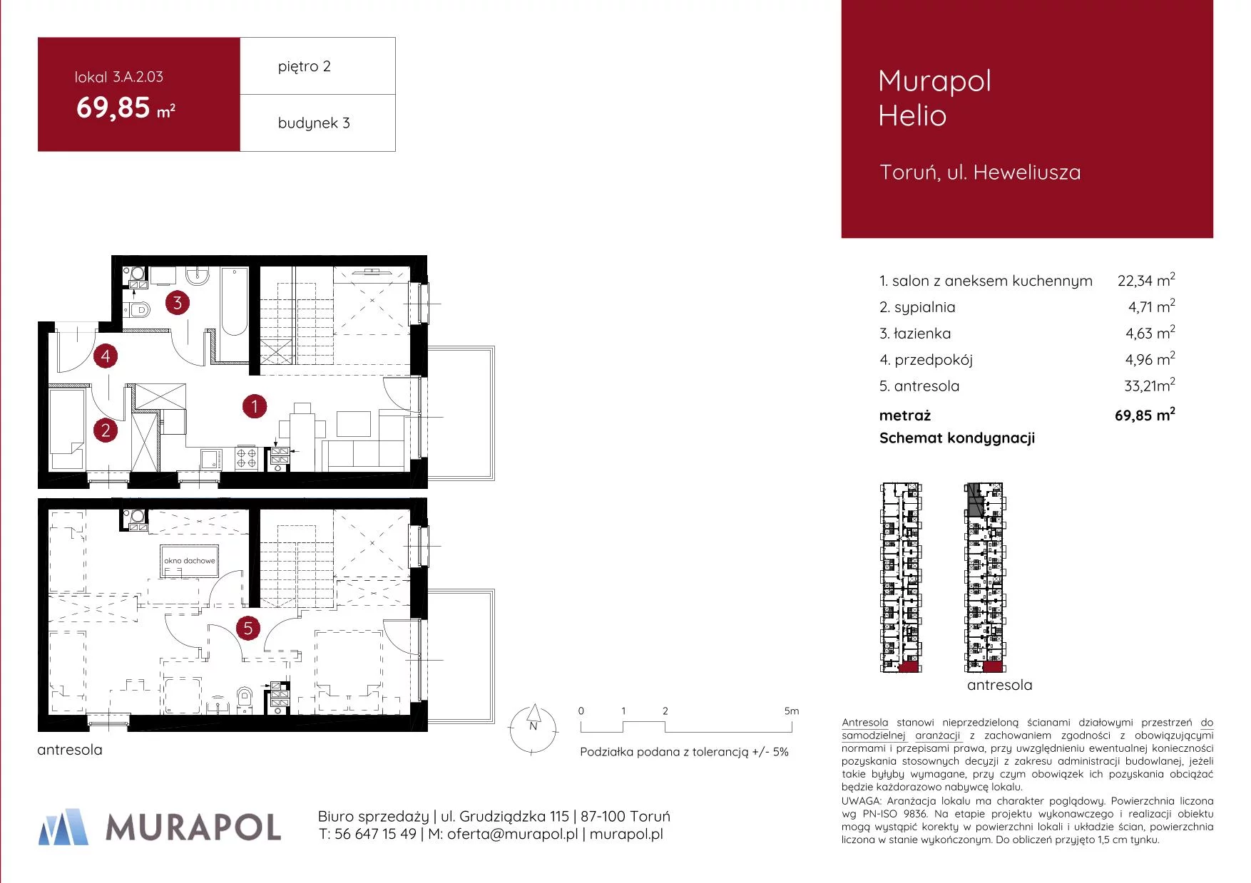 Mieszkanie 69,85 m², piętro 2, oferta nr 3.A.2.03, Murapol Helio, Toruń, Wrzosy, JAR, ul. Heweliusza