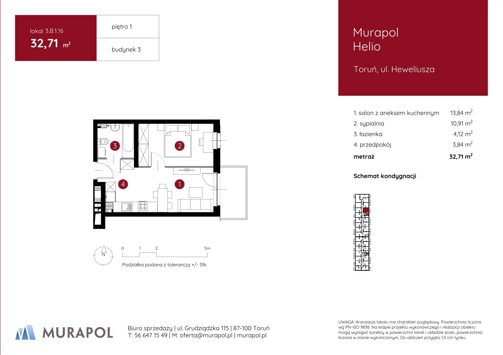 Mieszkanie 32,71 m², piętro 1, oferta nr 3.B.1.16, Murapol Helio, Toruń, Wrzosy, JAR, ul. Heweliusza