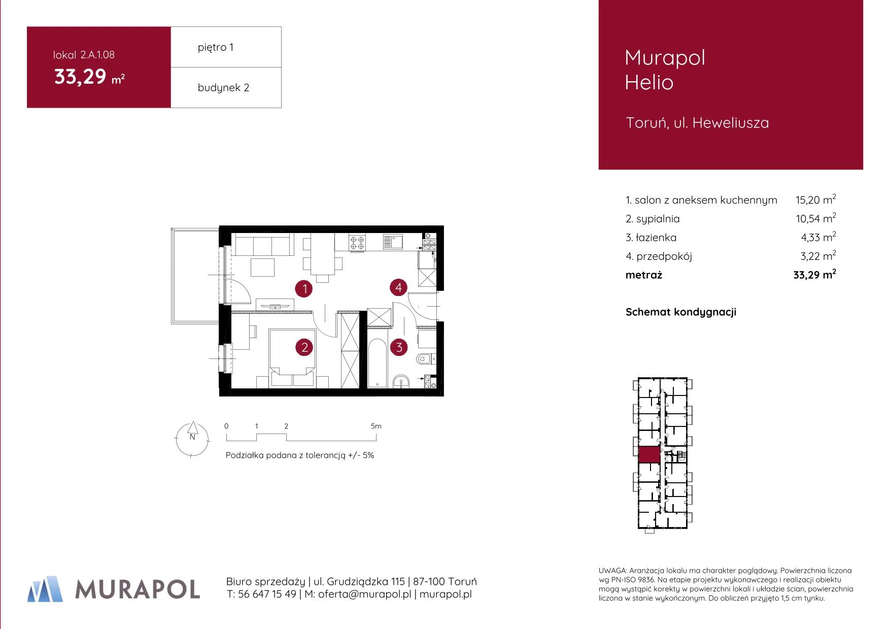 2 pokoje, mieszkanie 33,29 m², piętro 1, oferta nr 2.A.1.08, Murapol Helio, Toruń, Wrzosy, JAR, ul. Heweliusza