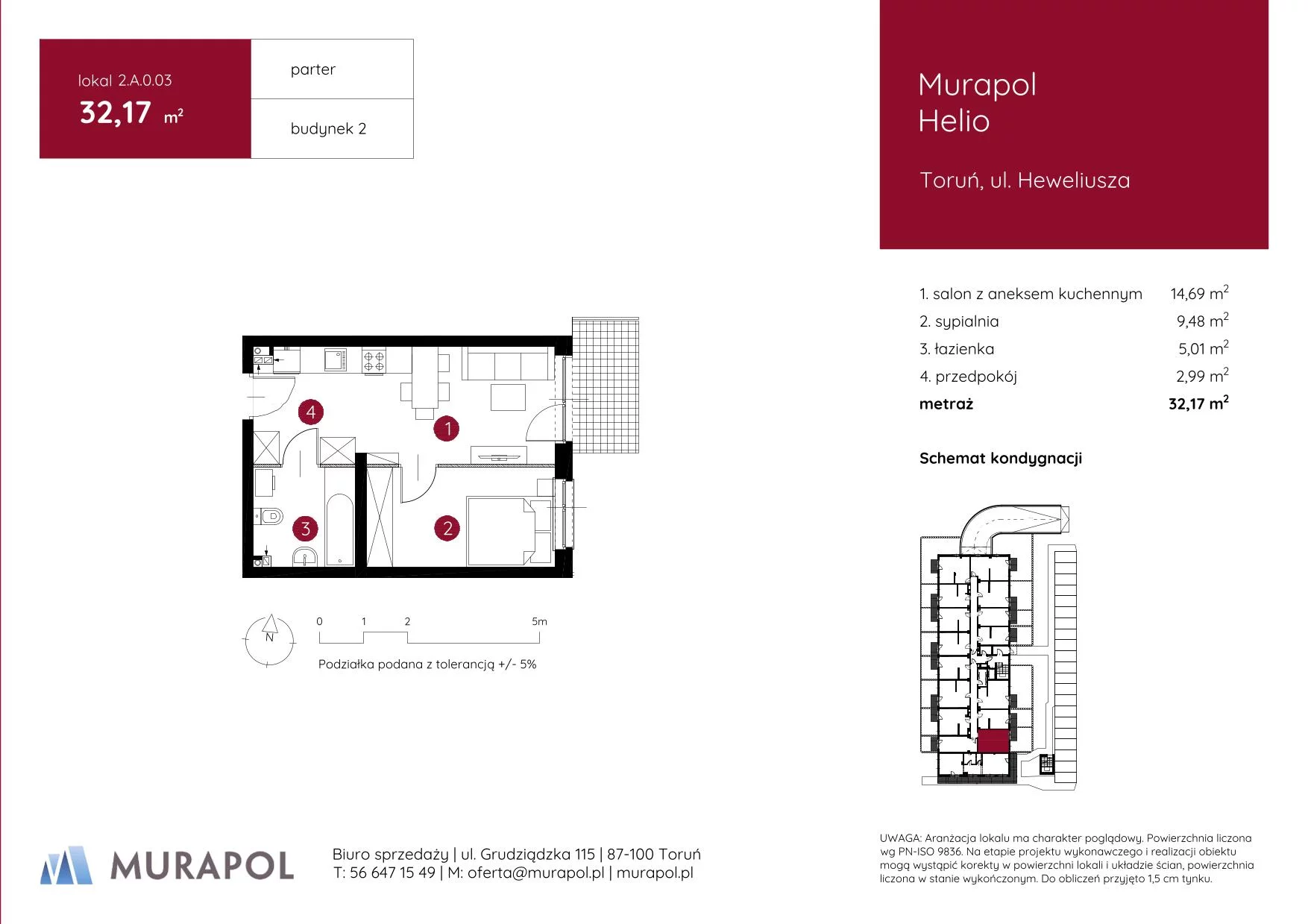 2 pokoje, mieszkanie 32,17 m², parter, oferta nr 2.A.0.03, Murapol Helio, Toruń, Wrzosy, JAR, ul. Heweliusza