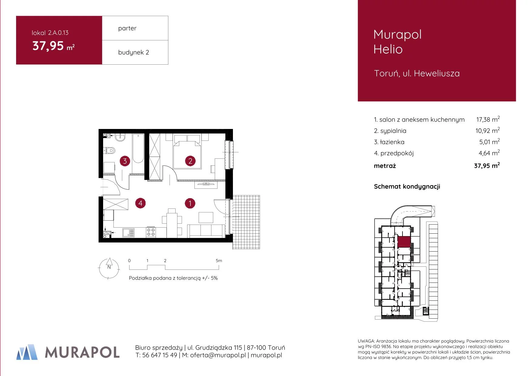 2 pokoje, mieszkanie 37,95 m², parter, oferta nr 2.A.0.13, Murapol Helio, Toruń, Wrzosy, JAR, ul. Heweliusza